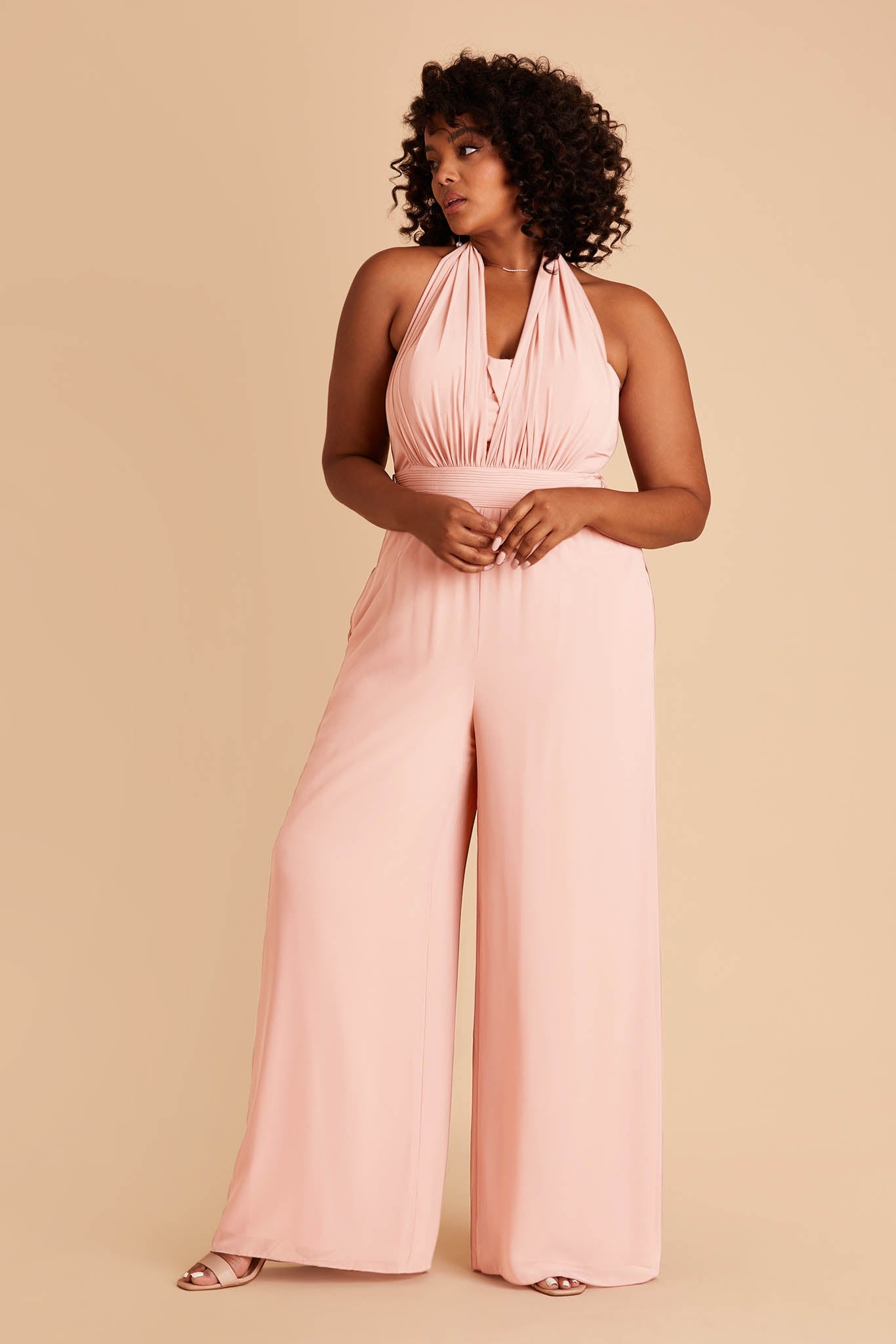 Light pink plus size wedding jumpsuit with sweetheart bodice with convertible neckline