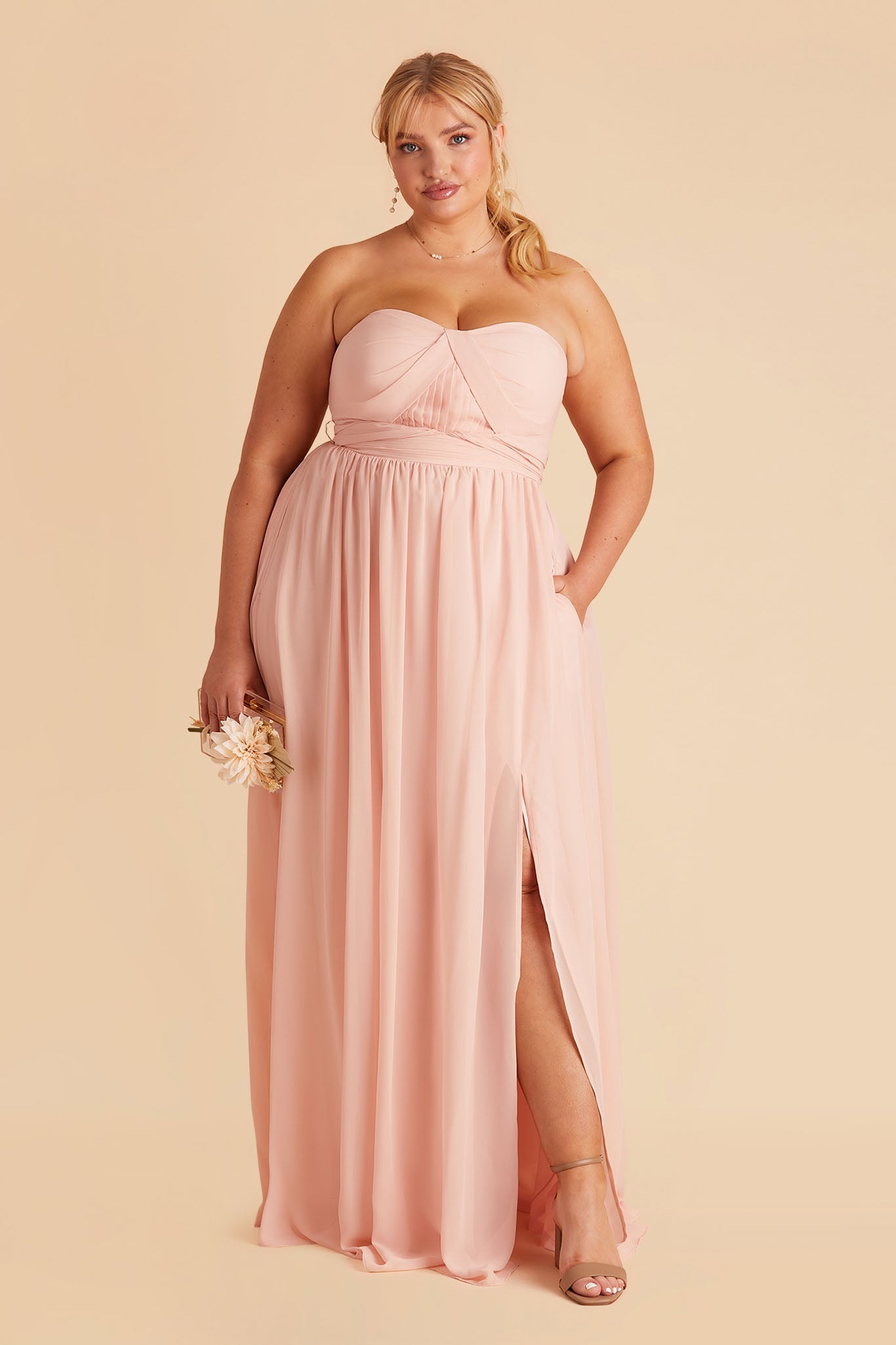 Grace plus size convertible bridesmaid dress in Blush Pink Chiffon by Birdy Grey, front view