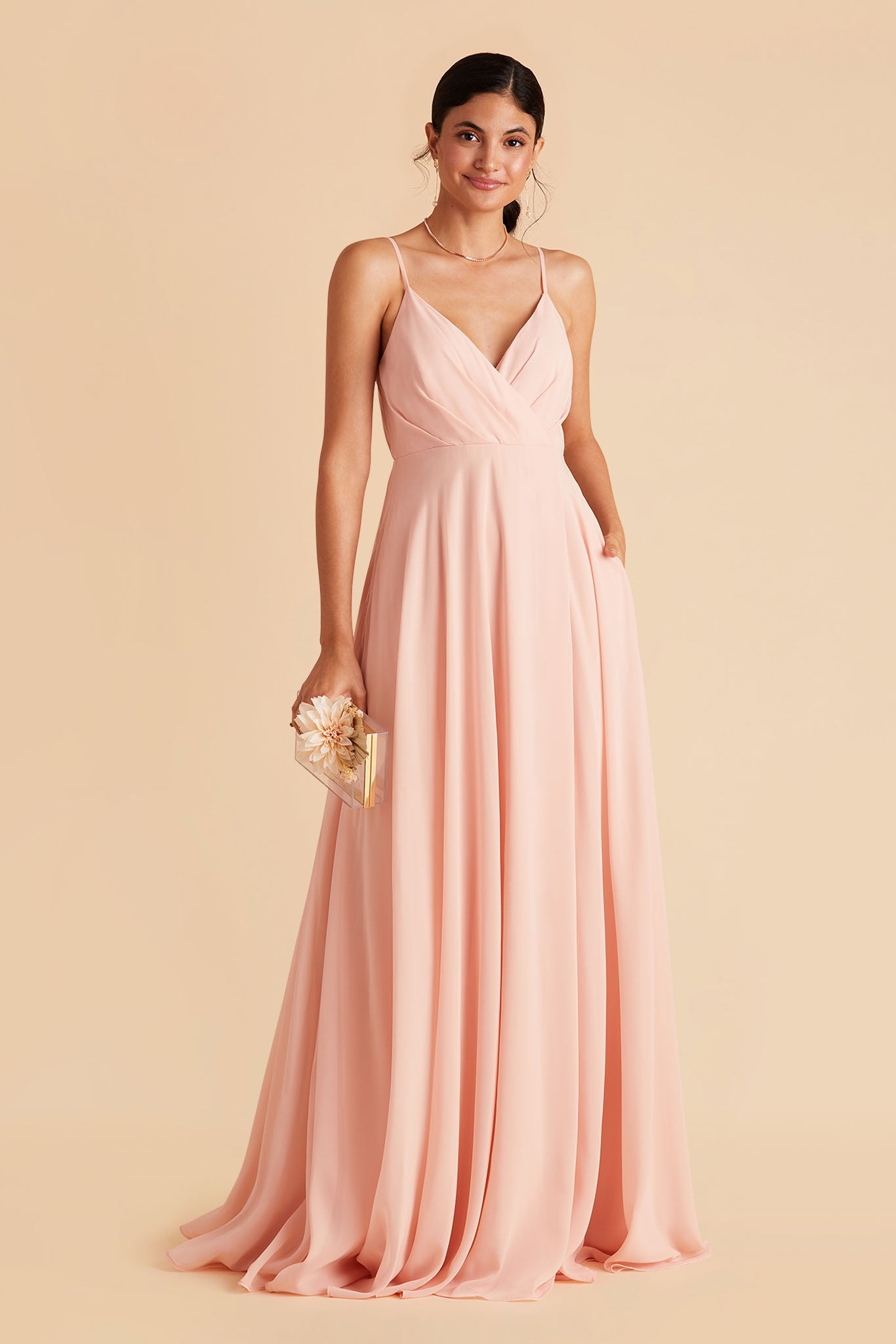 Kaia bridesmaids dress in blush pink chiffon by Birdy Grey, front view