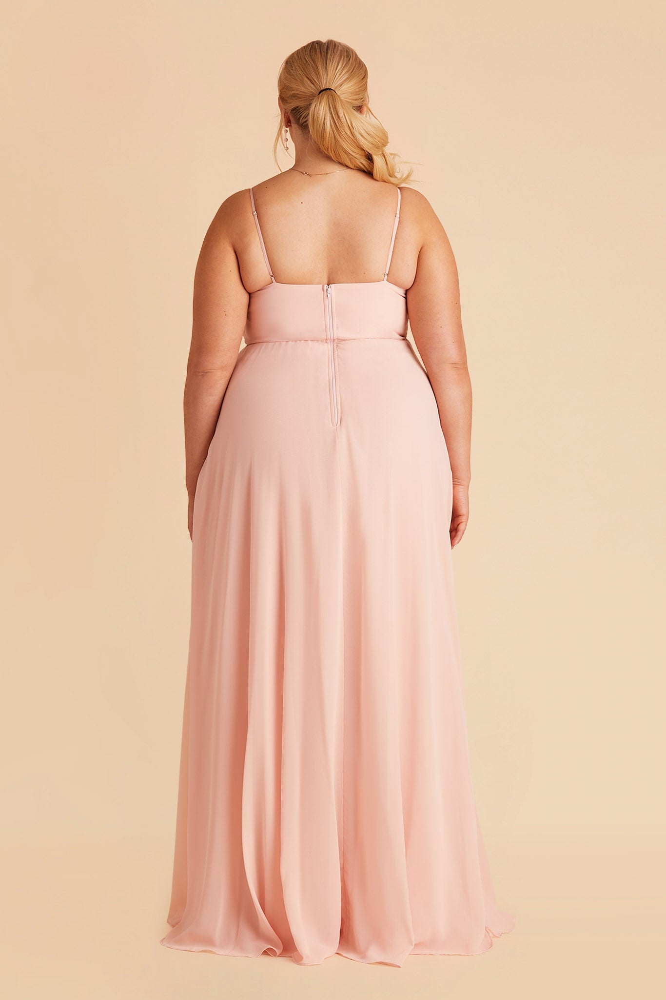 Kaia plus size bridesmaids dress in blush pink chiffon by Birdy Grey, back view