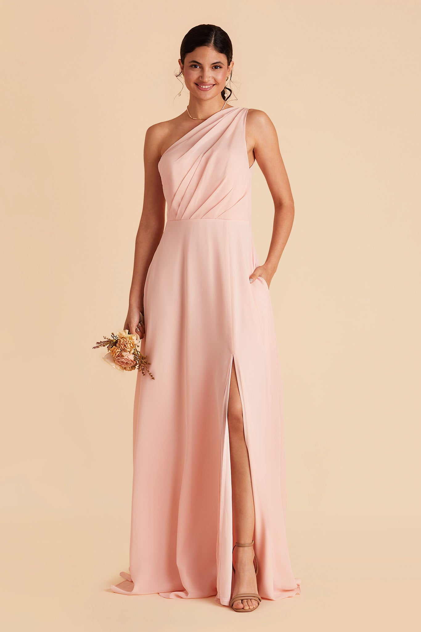 Kira bridesmaid dress with slit in blush pink chiffon by Birdy Grey, front view