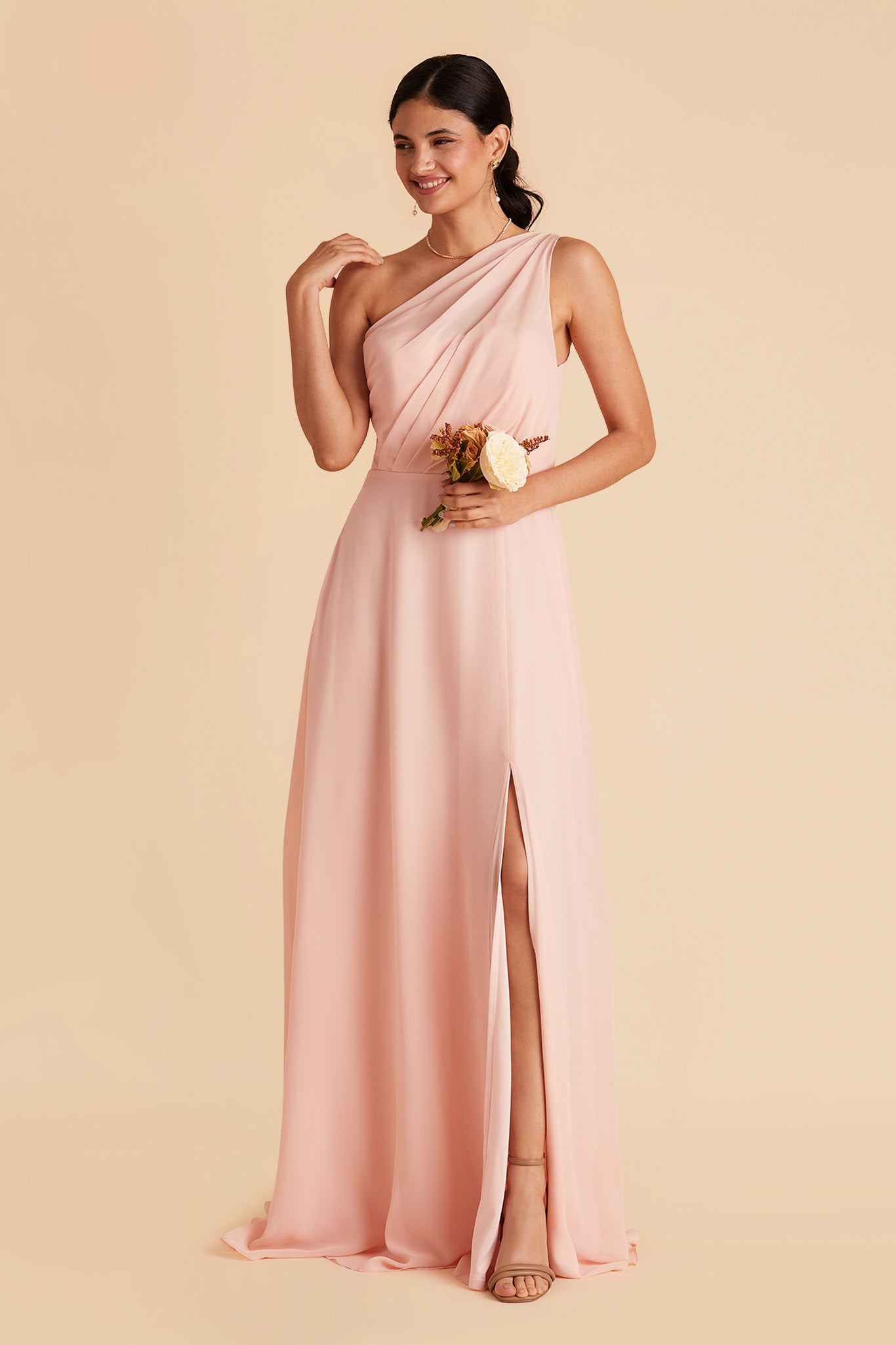 Kira bridesmaid dress with slit in blush pink chiffon by Birdy Grey, front view