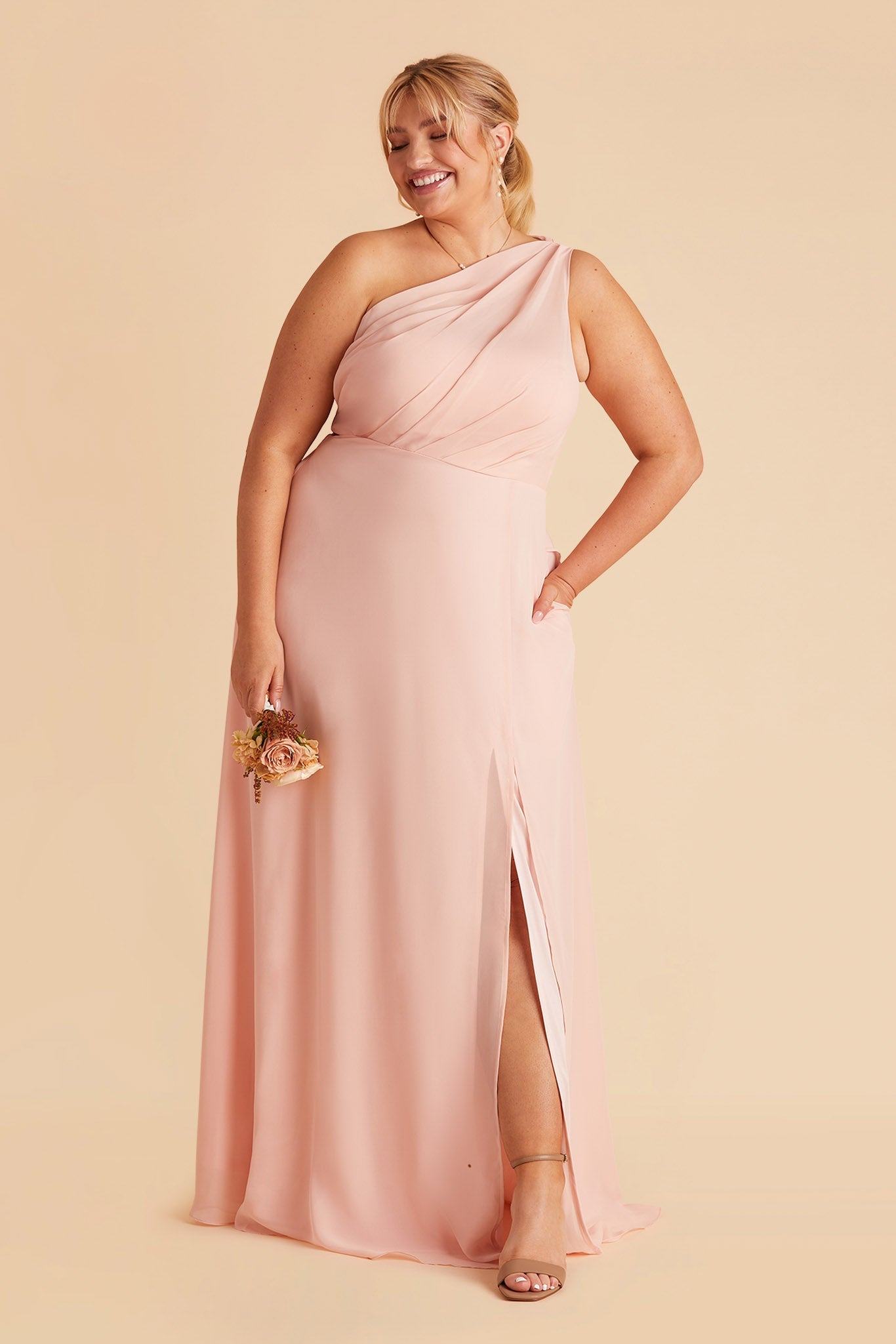 Kira plus size bridesmaid dress with slit in blush pink chiffon by Birdy Grey, front view
