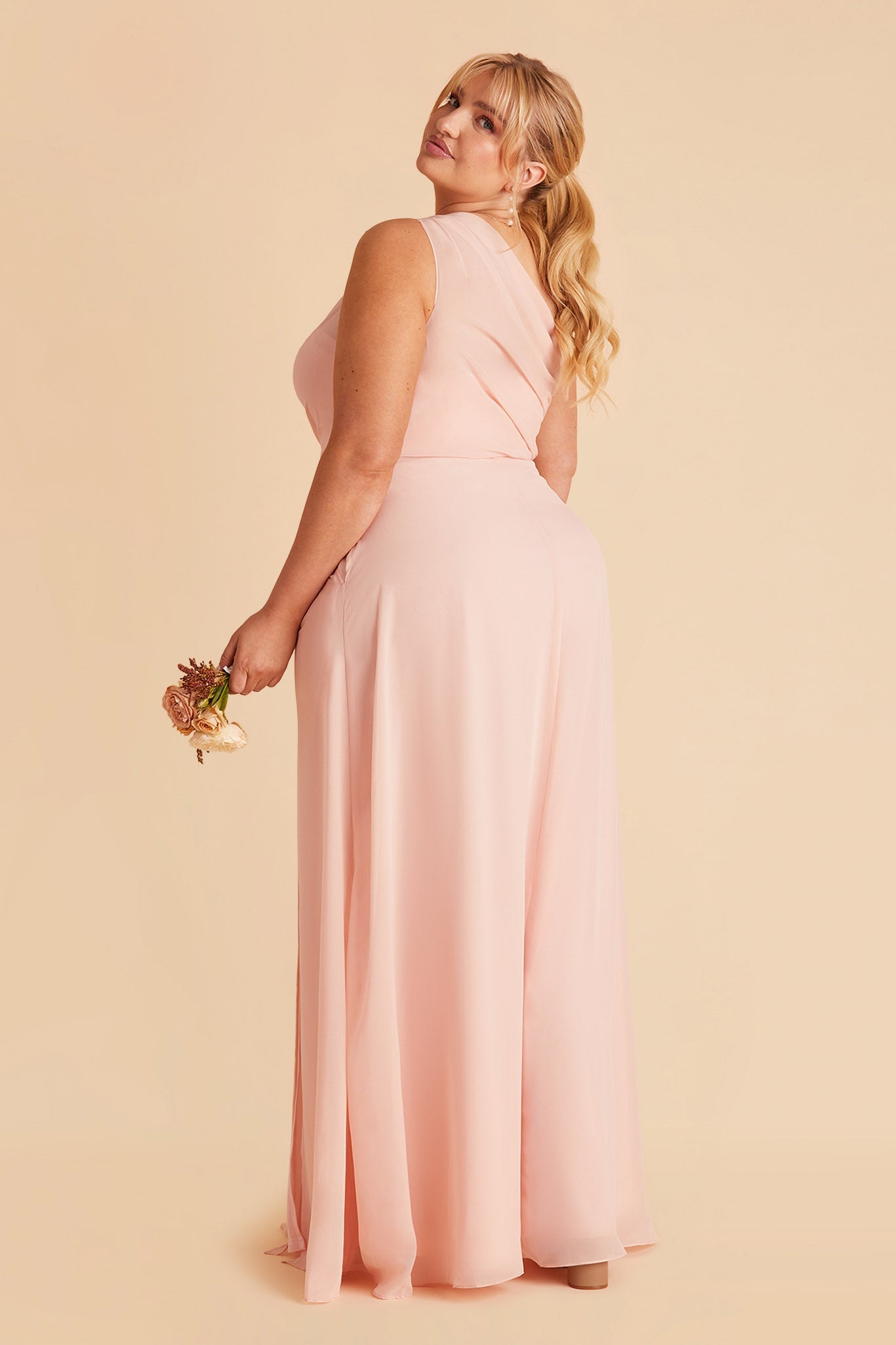 Kira plus size bridesmaid dress with slit in blush pink chiffon by Birdy Grey, side  view