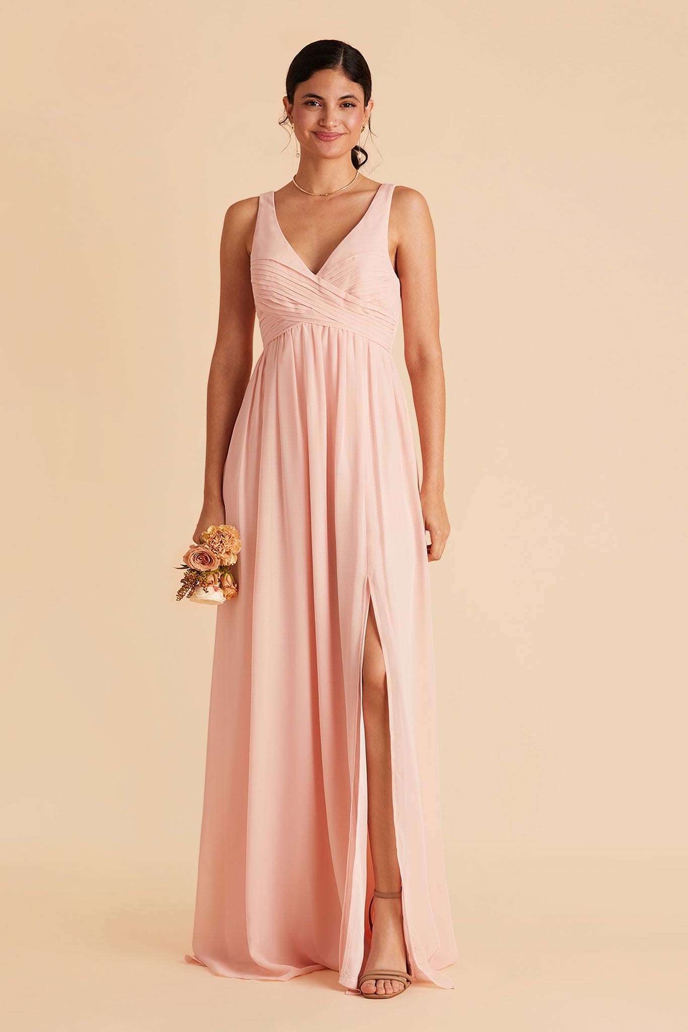 Laurie Empire maternity bridesmaid dress with slit in blush pink by Birdy Grey, front view