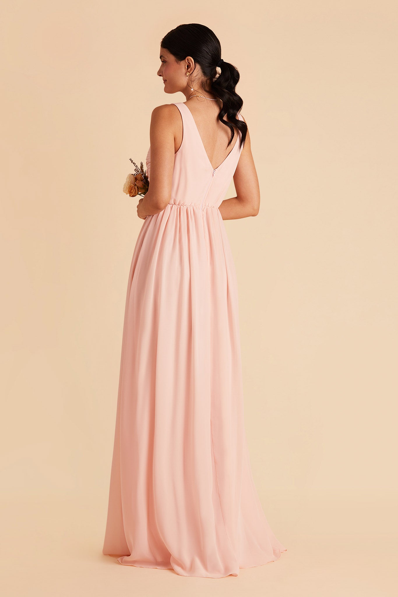 Laurie Empire maternity bridesmaid dress with slit in blush pink by Birdy Grey, back view