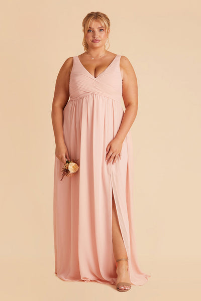 Laurie Empire plus size maternity bridesmaid dress with slit blush pink by Birdy Grey, front view