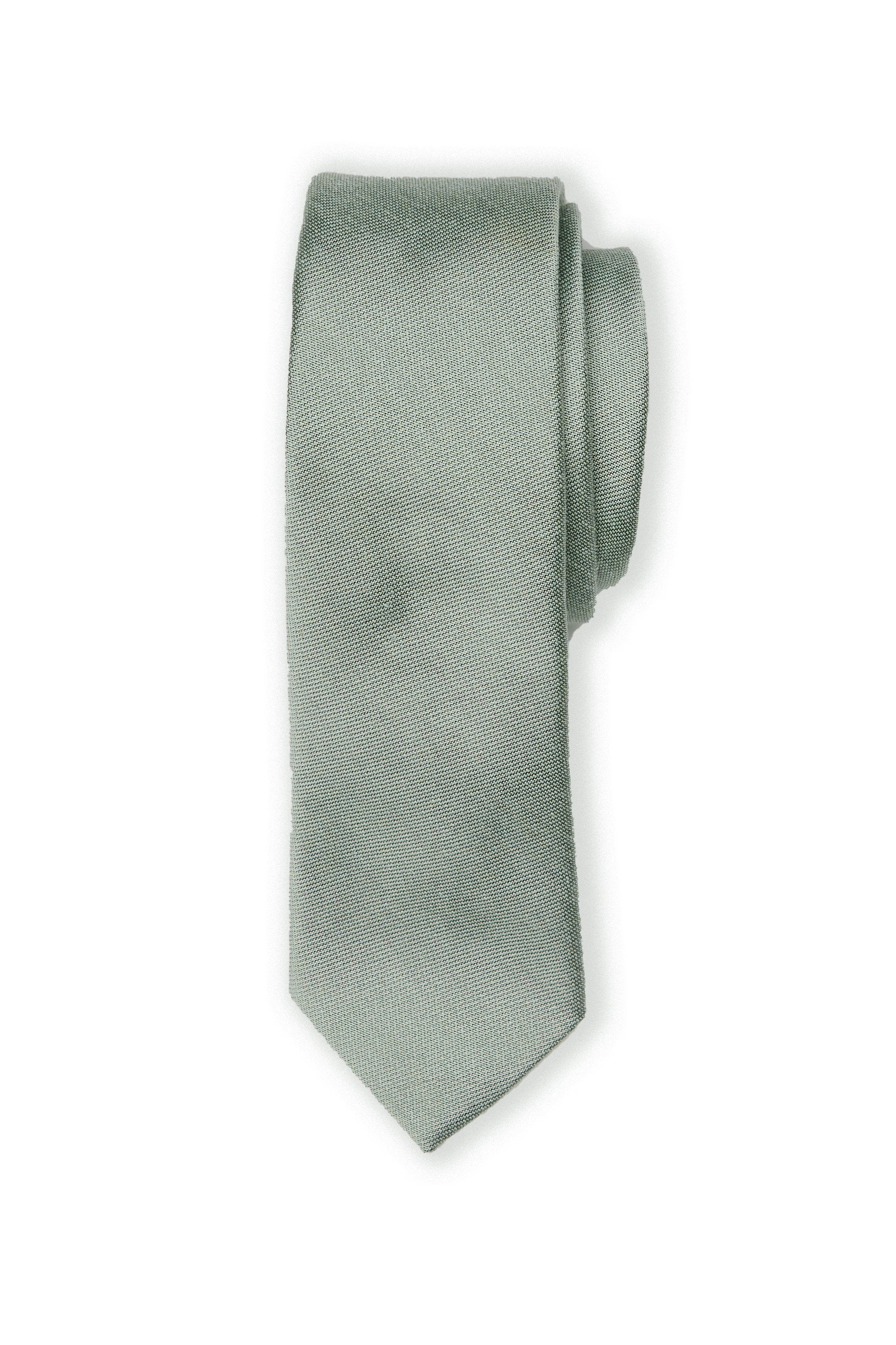 Front closeup view of the Simon Necktie in sage rolled up with the pointed necktie end extended showing the material texture and sheen.