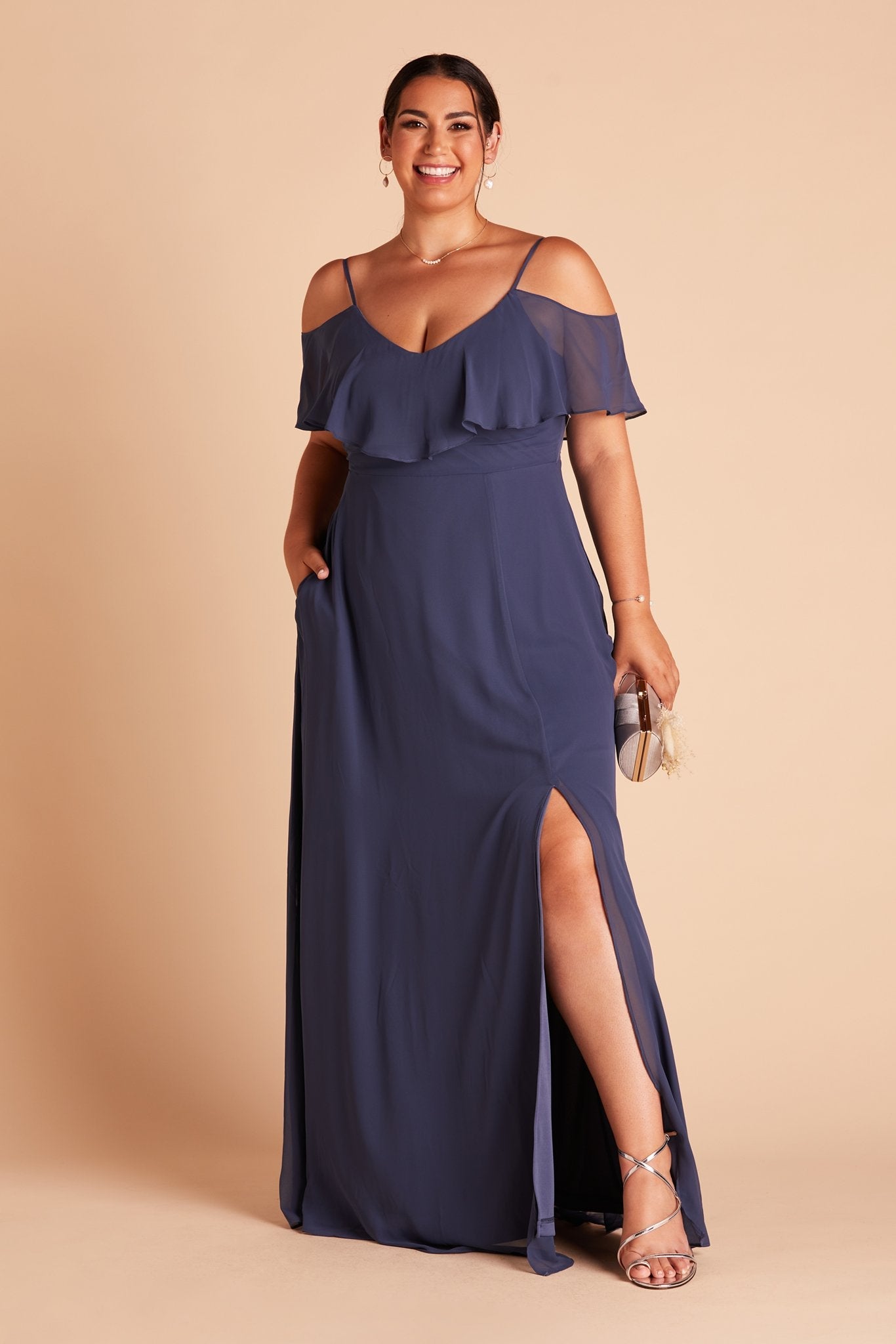 Jane convertible plus size bridesmaid dress with slit in slate blue chiffon by Birdy Grey, front view