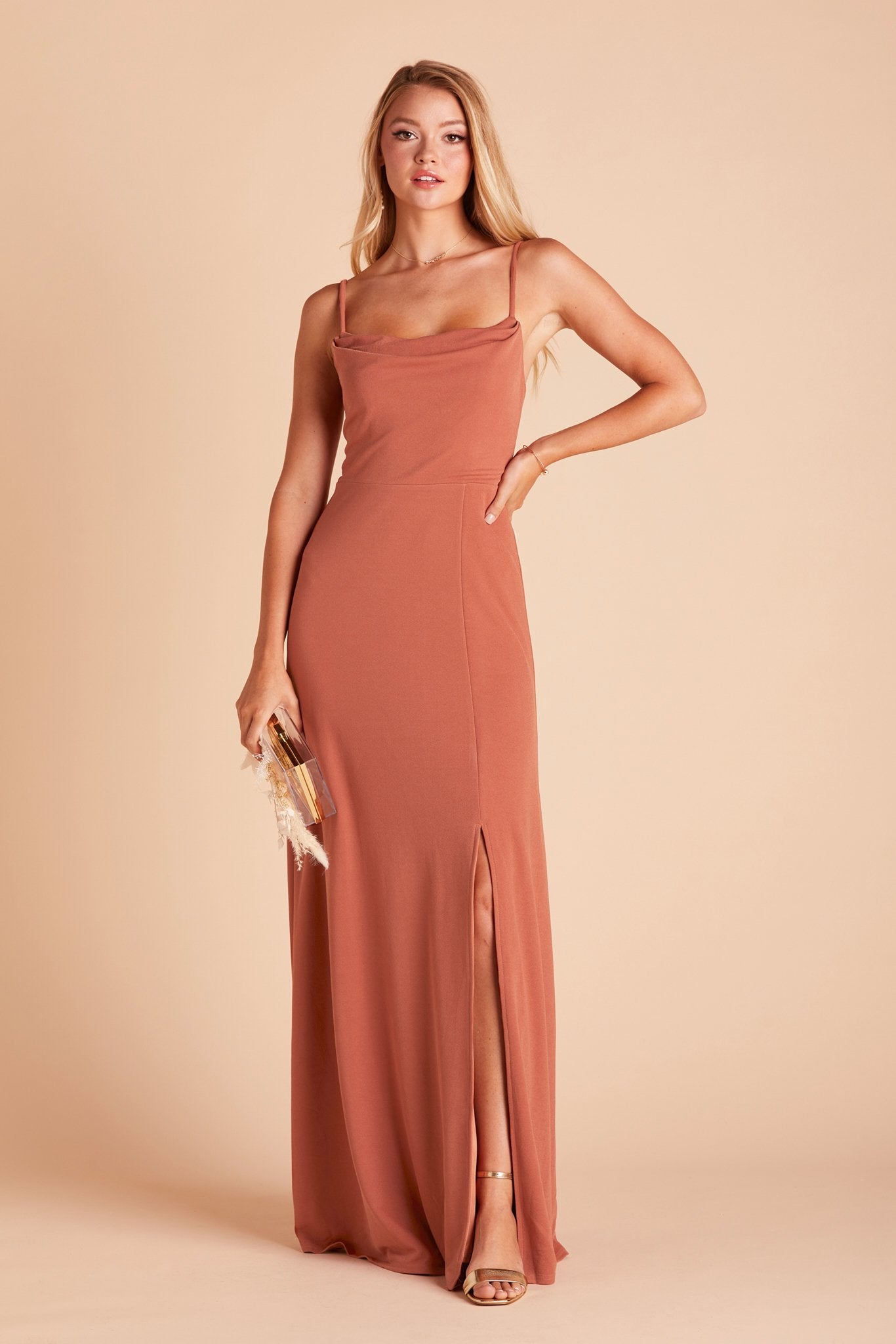 Ash bridesmaid dress with slit in terracotta crepe by Birdy Grey, front view