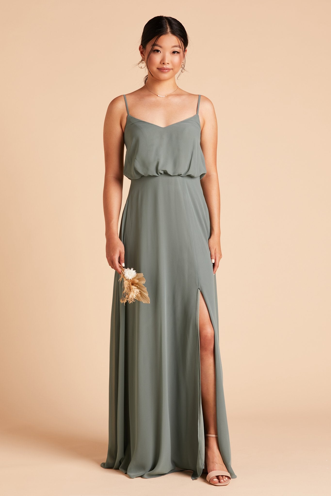 Gwennie bridesmaid dress with slit in sea glass green chiffon by Birdy Grey, front view