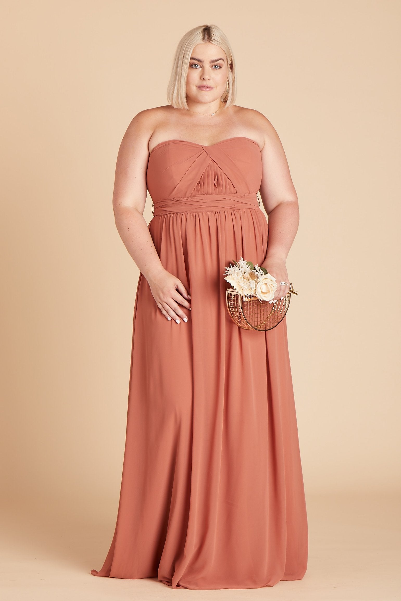 Grace convertible plus size bridesmaid dress in terracotta orange chiffon by Birdy Grey, front view