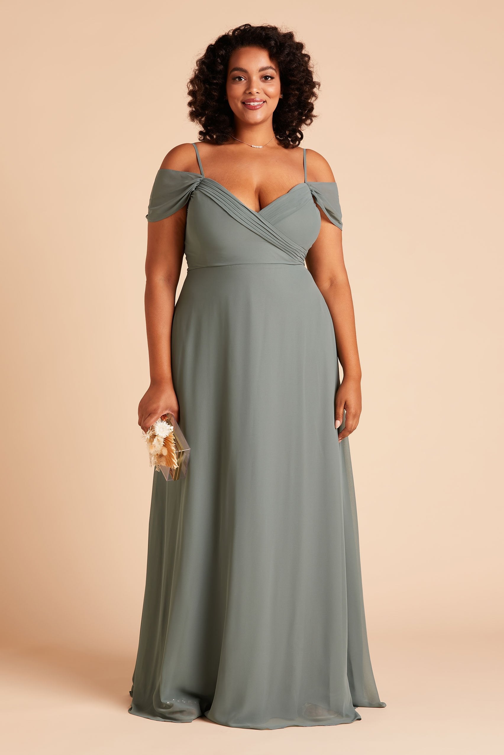 Spence convertible plus size bridesmaid dress in sea glass green chiffon by Birdy Grey, front view