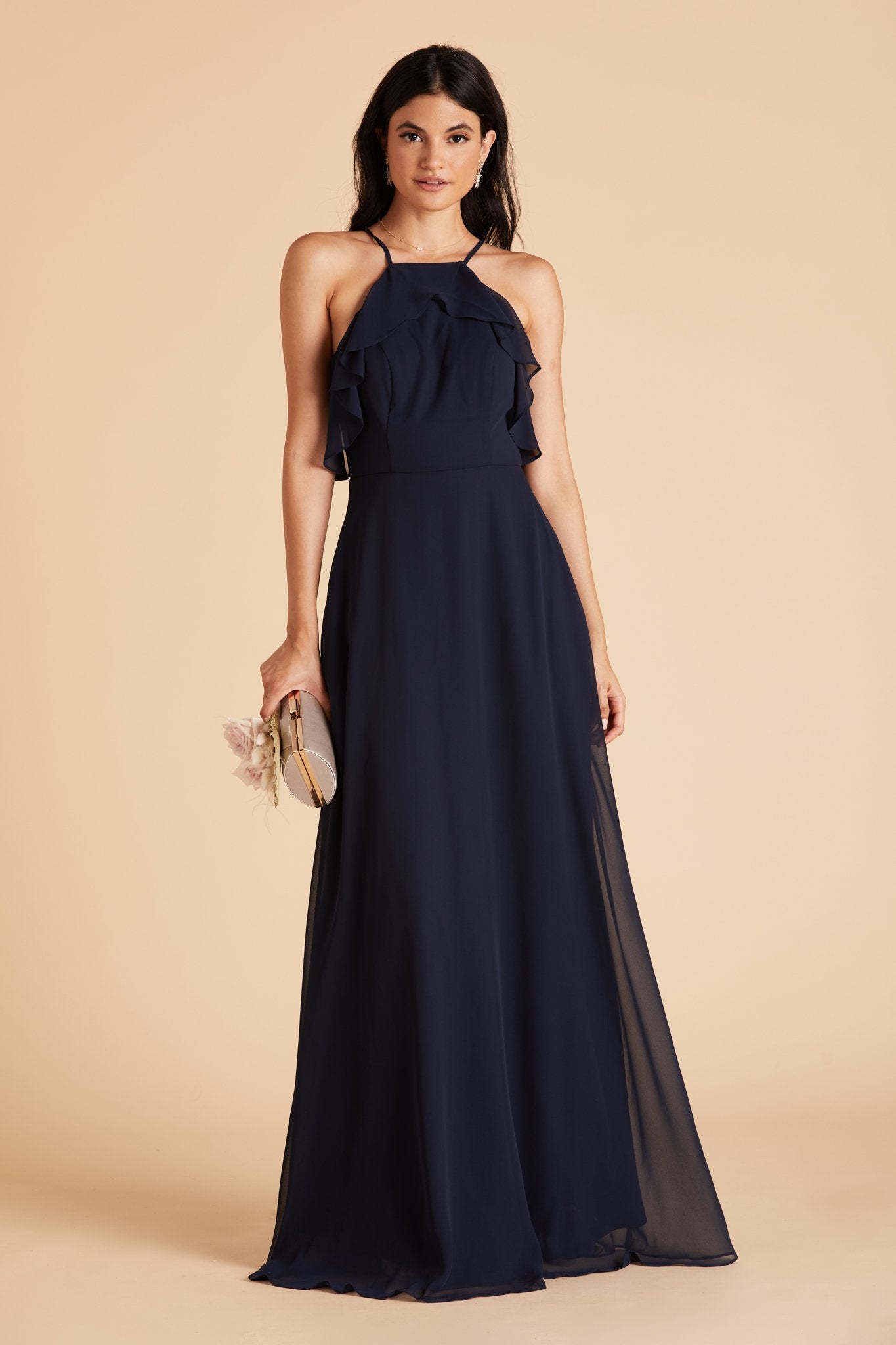 Jules bridesmaid dress in navy blue chiffon by Birdy Grey, front view