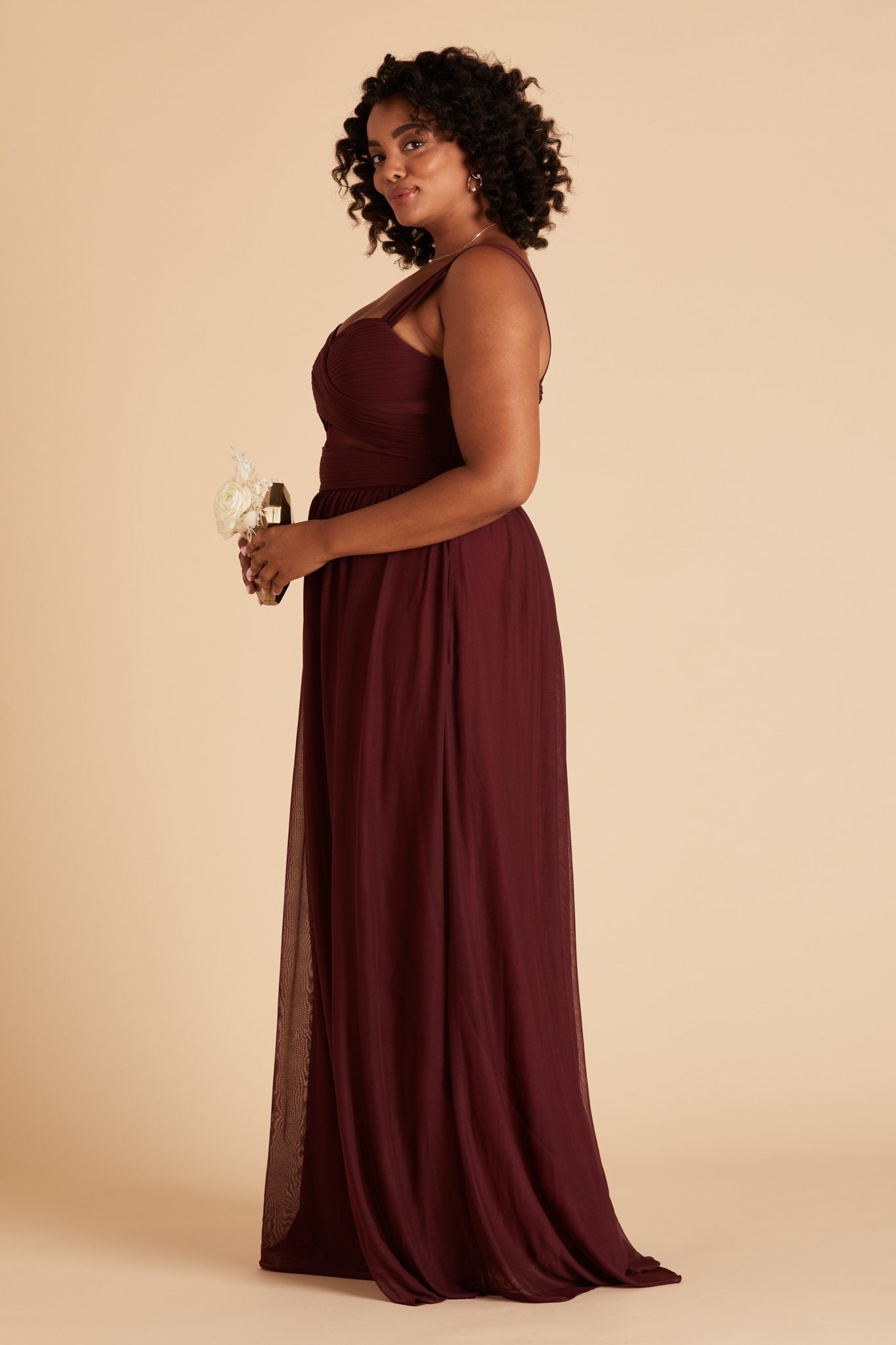 Elsye plus size bridesmaid dress in cabernet burgundy chiffon by Birdy Grey, side view