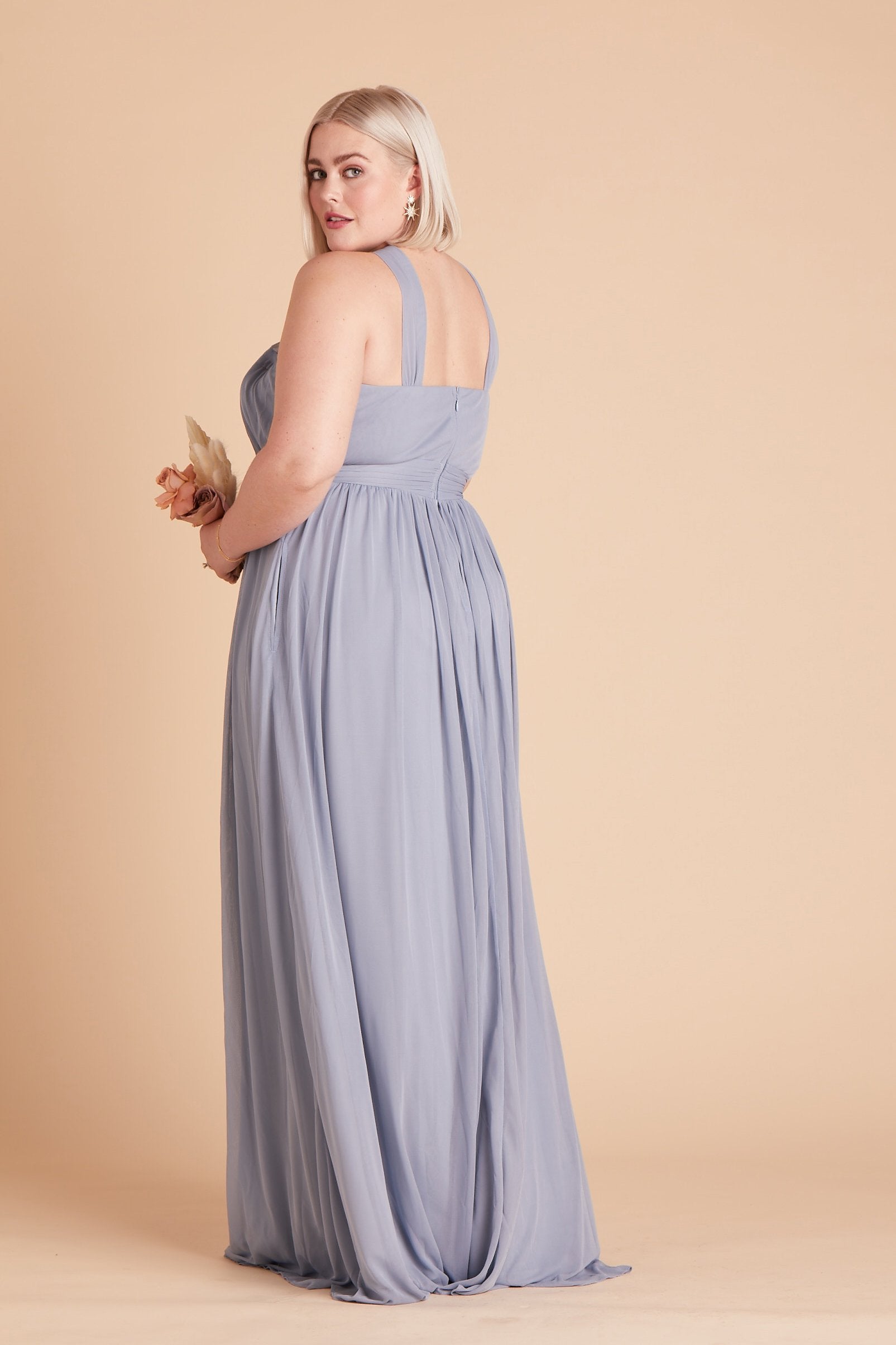 Kiko plus size bridesmaid dress in dusty blue chiffon by Birdy Grey, side view