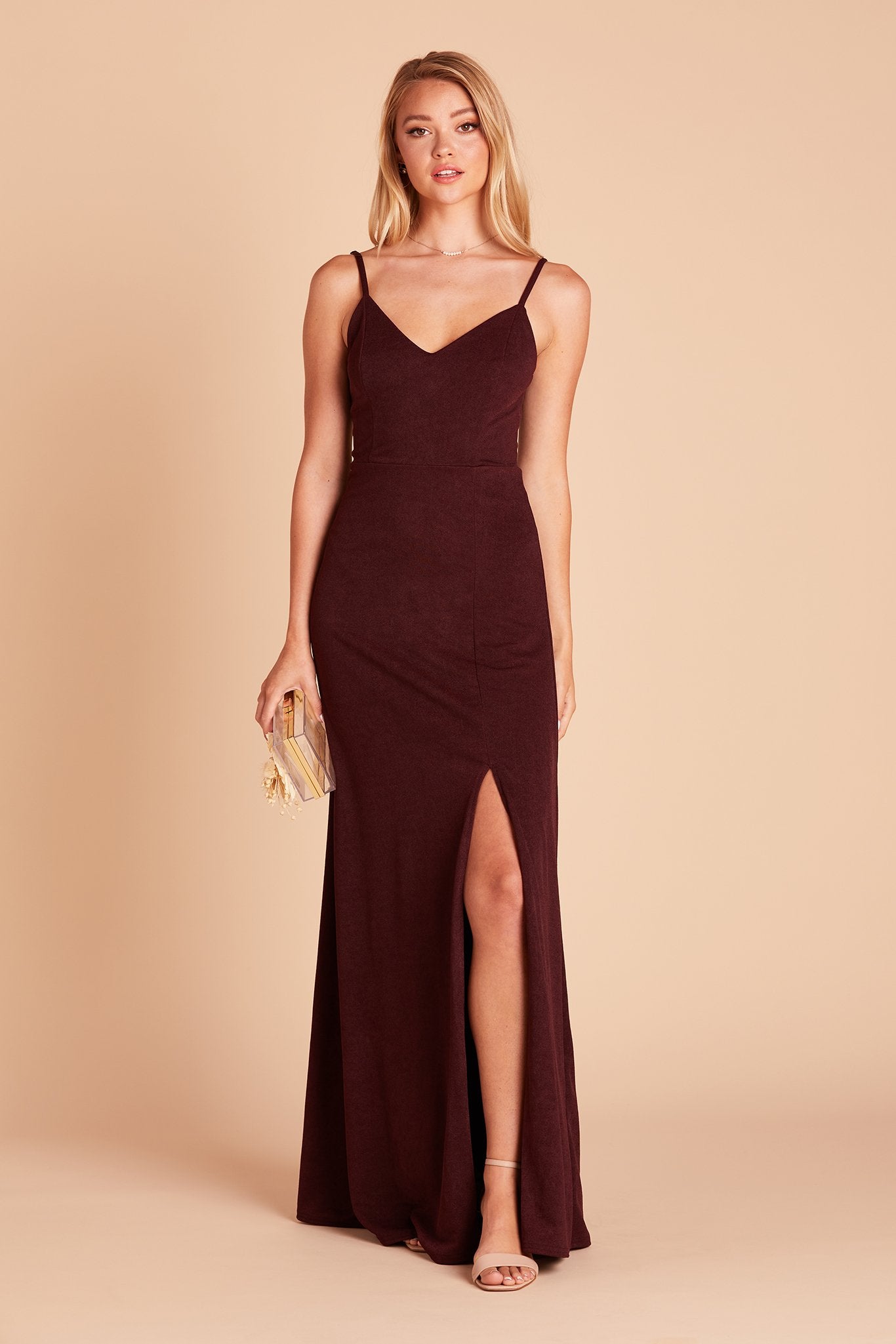 Jay bridesmaid dress with slit in cabernet burgundy by Birdy Grey, front view