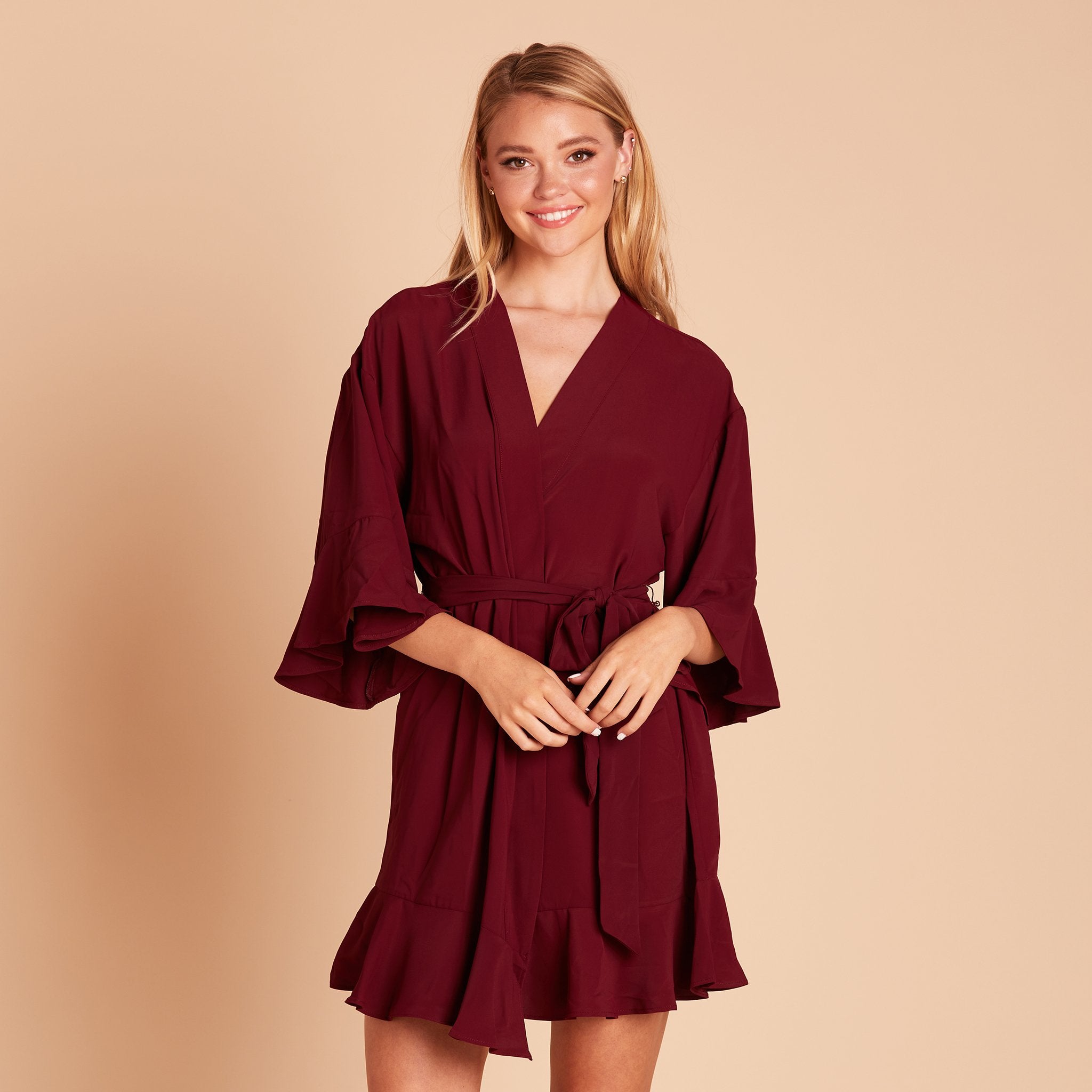 Kenny Ruffle Robe in cabernet burgundy by Birdy Grey, front view