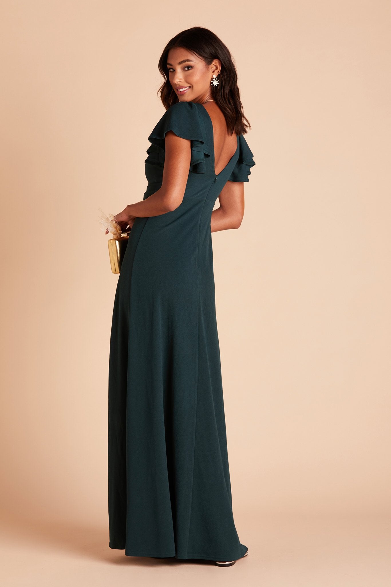 Hannah bridesmaid dress with slit in emerald green crepe by Birdy Grey, back view