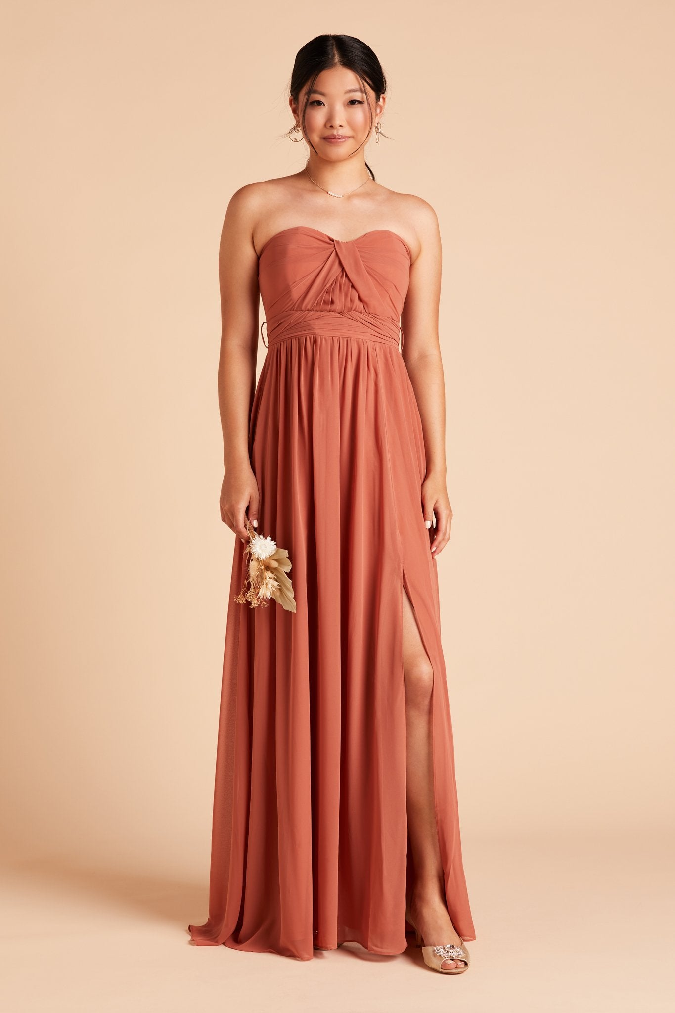 Grace convertible bridesmaid dress with slit  in terracotta orange chiffon by Birdy Grey, front view