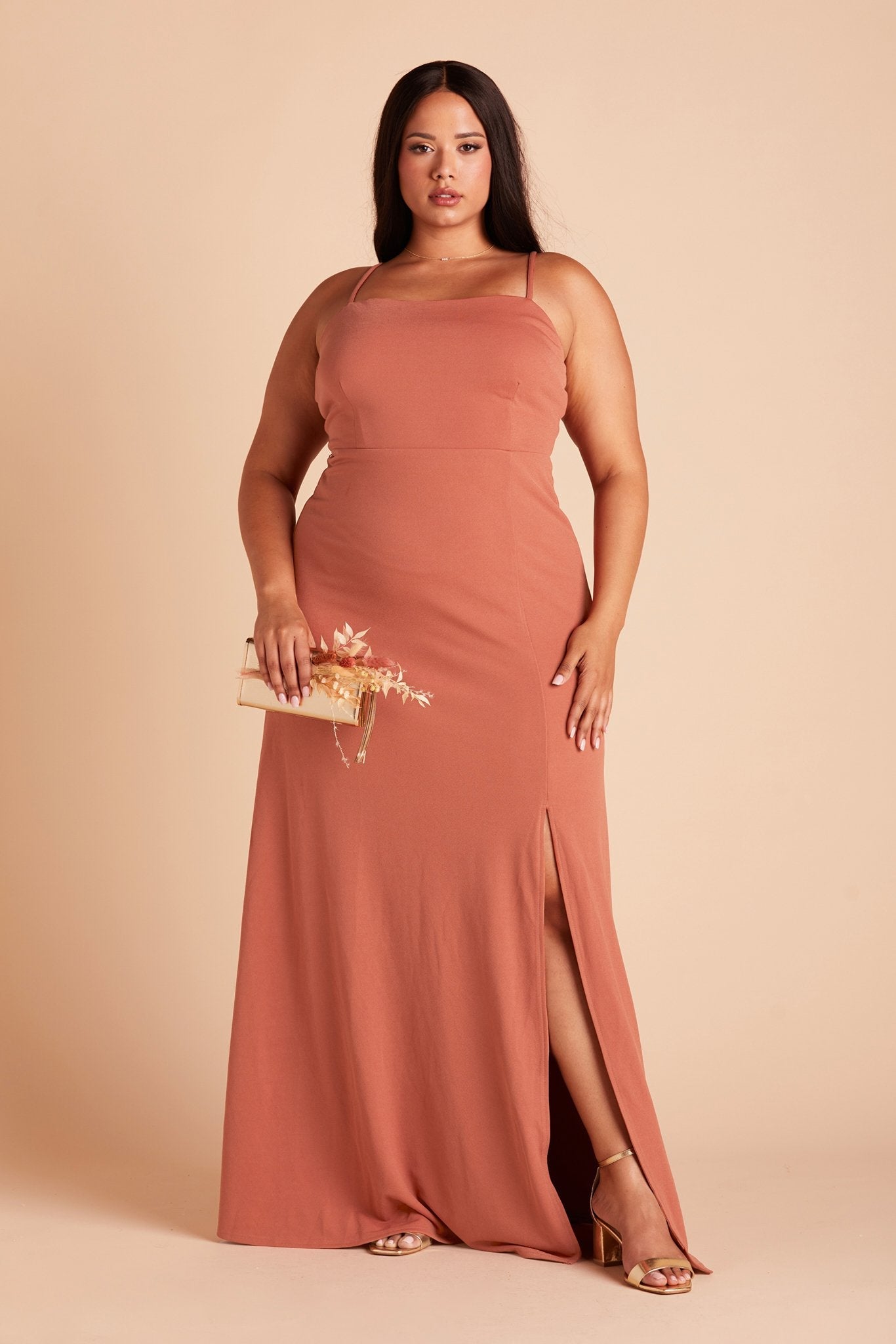 Benny plus size bridesmaid dress with slit in terracotta chiffon by Birdy Grey, front view