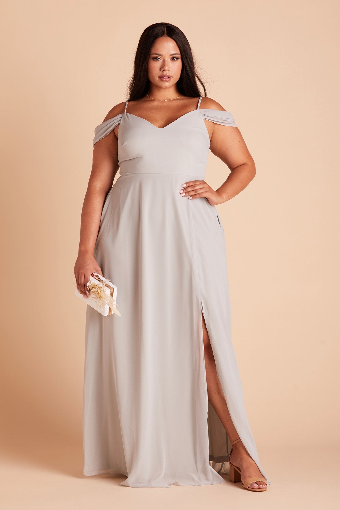 Devin convertible plus size bridesmaid dress with slit in dove gray chiffon by Birdy Grey, front view