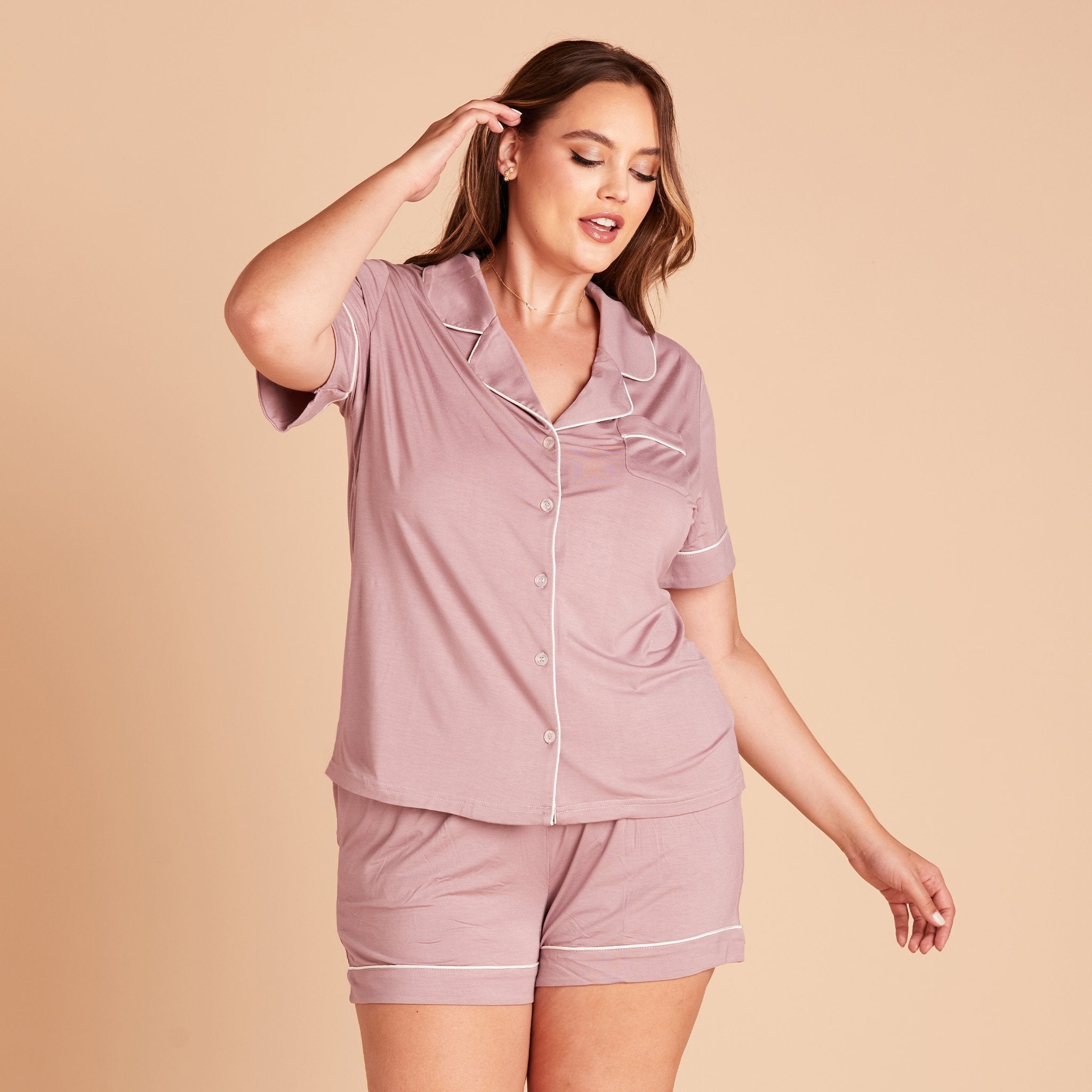 Jonny Plus Size Short Sleeve Pajama Set in mauve with white piping by Birdy Grey, front view