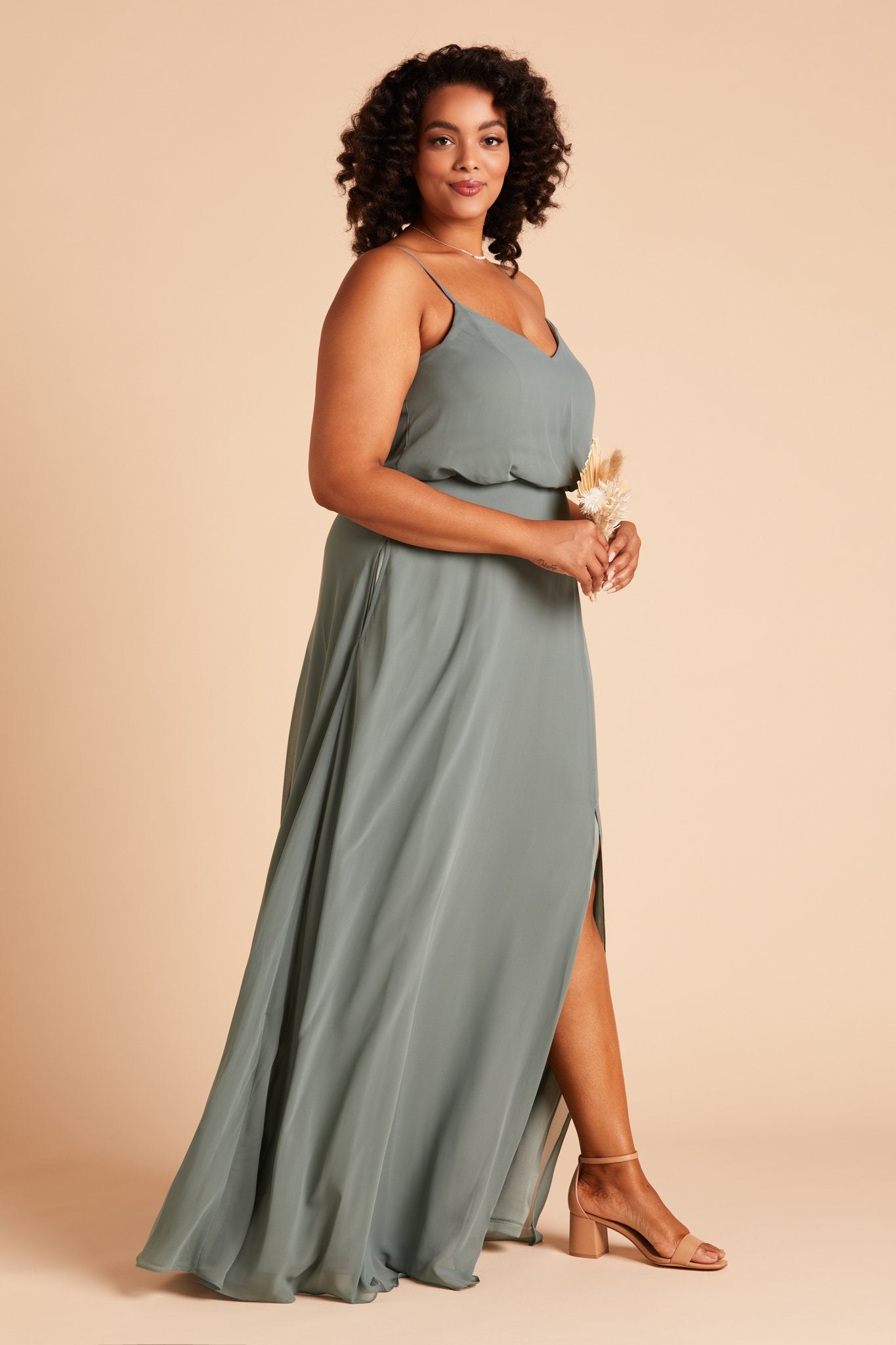 Gwennie plus size bridesmaid dress with slit in sea glass green chiffon by Birdy Grey, side view