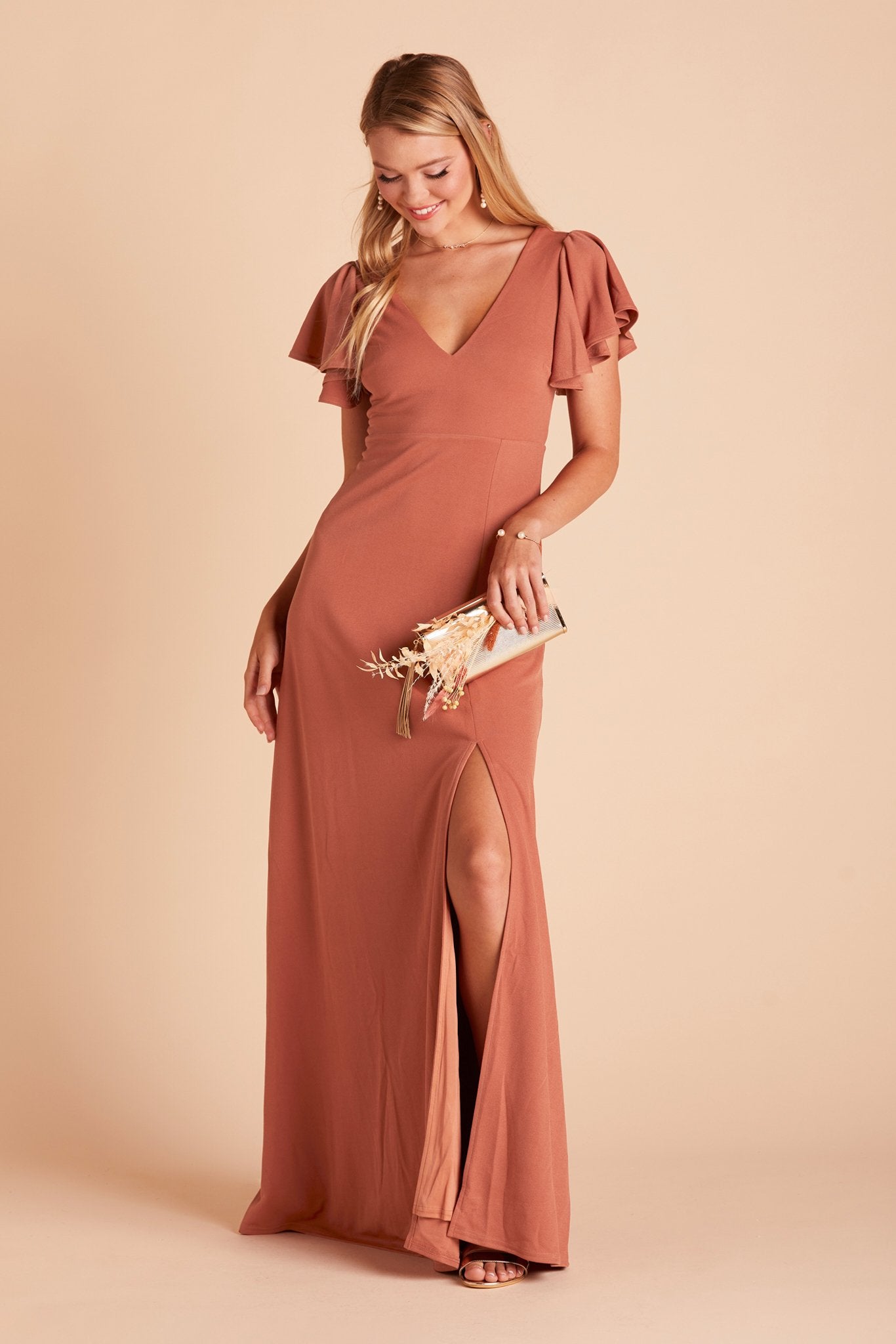 Hannah bridesmaid dress with slit in terracotta crepe by Birdy Grey, front view