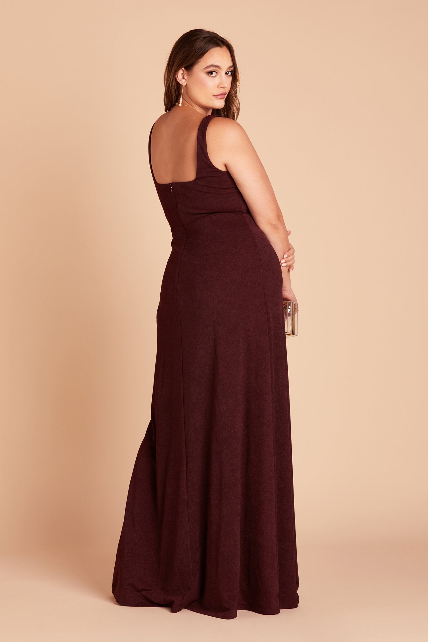 Alex convertible plus size bridesmaid dress with slit in cabernet burgundy crepe by Birdy Grey, side view