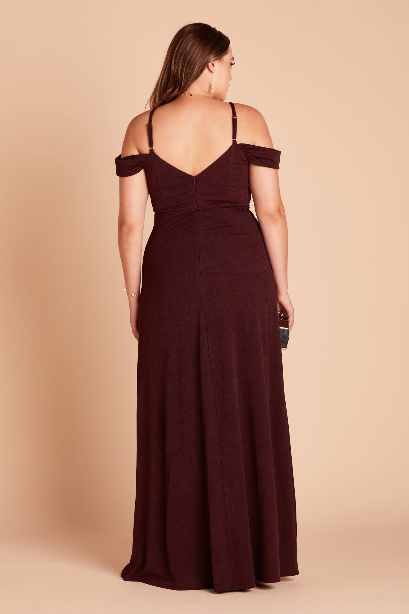 Dev plus size bridesmaid dress with slit in cabernet burgundy crepe by Birdy Grey, back view