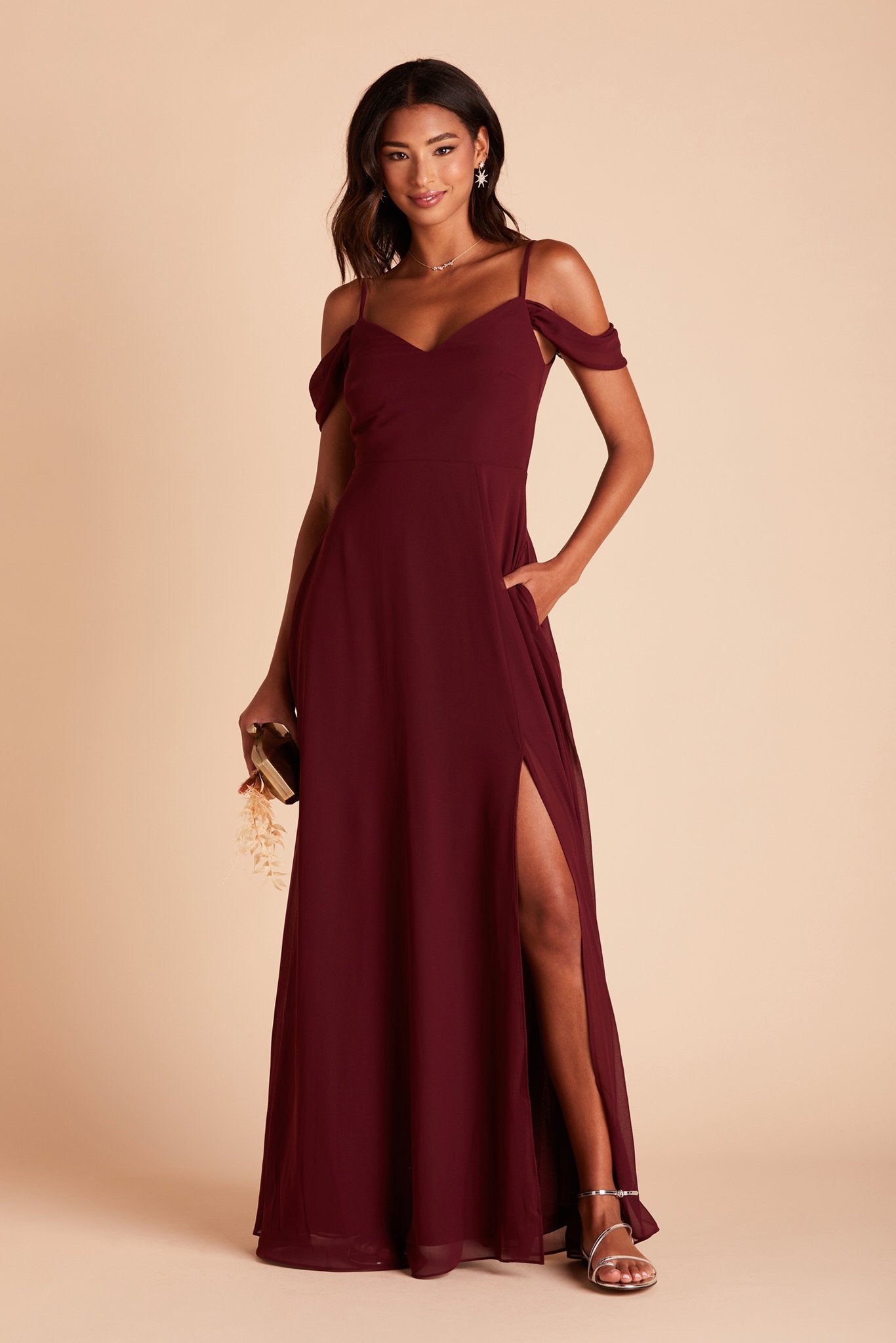Devin convertible bridesmaid dress with slit in cabernet burgundy chiffon by Birdy Grey, front view with hand in pocket