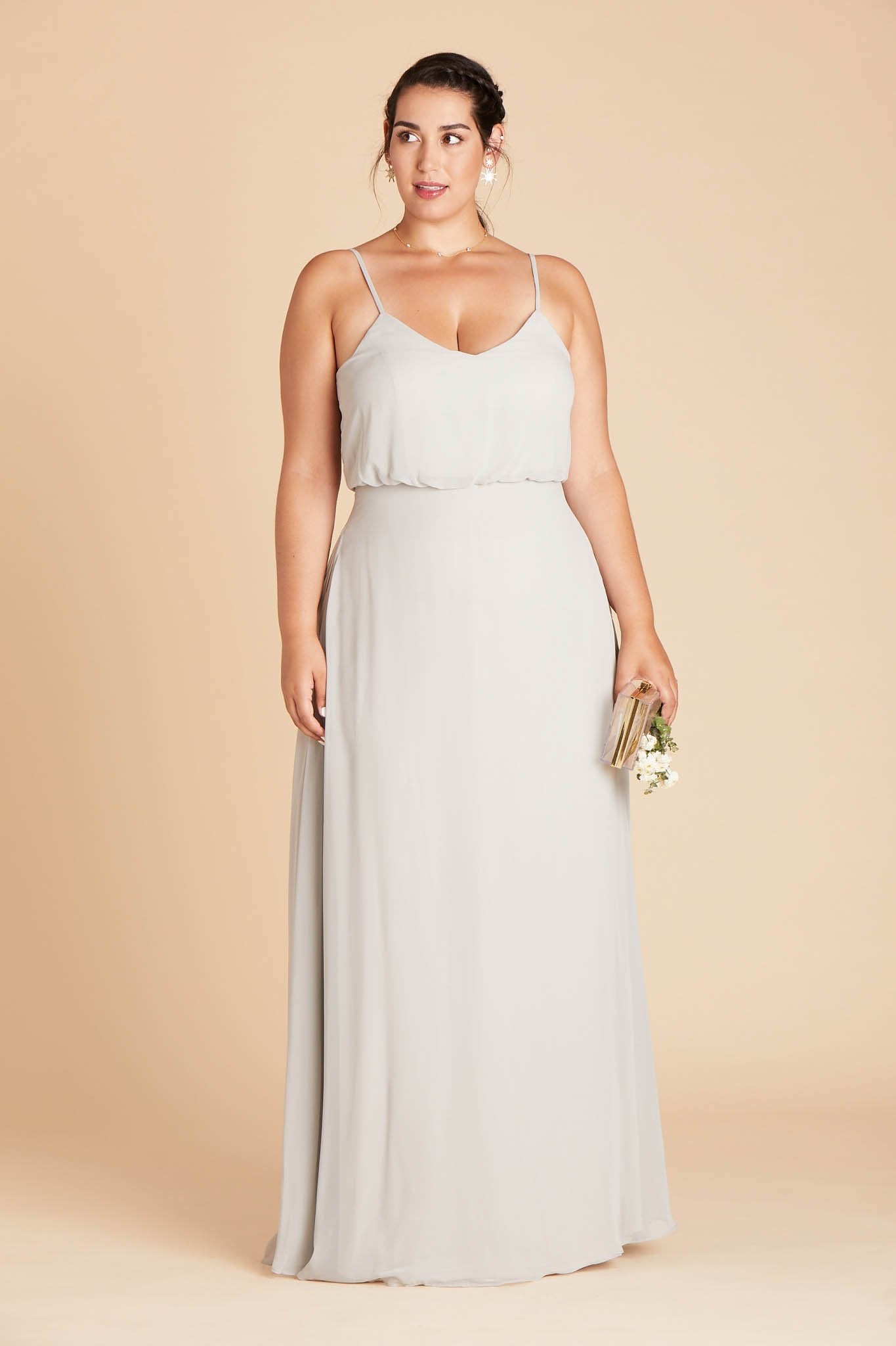 Gwennie plus size bridesmaid dress in dove gray chiffon by Birdy Grey, front view