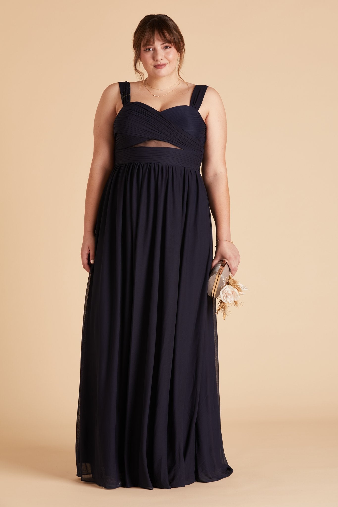 Elsye plus size bridesmaid dress in navy blue chiffon by Birdy Grey, front view