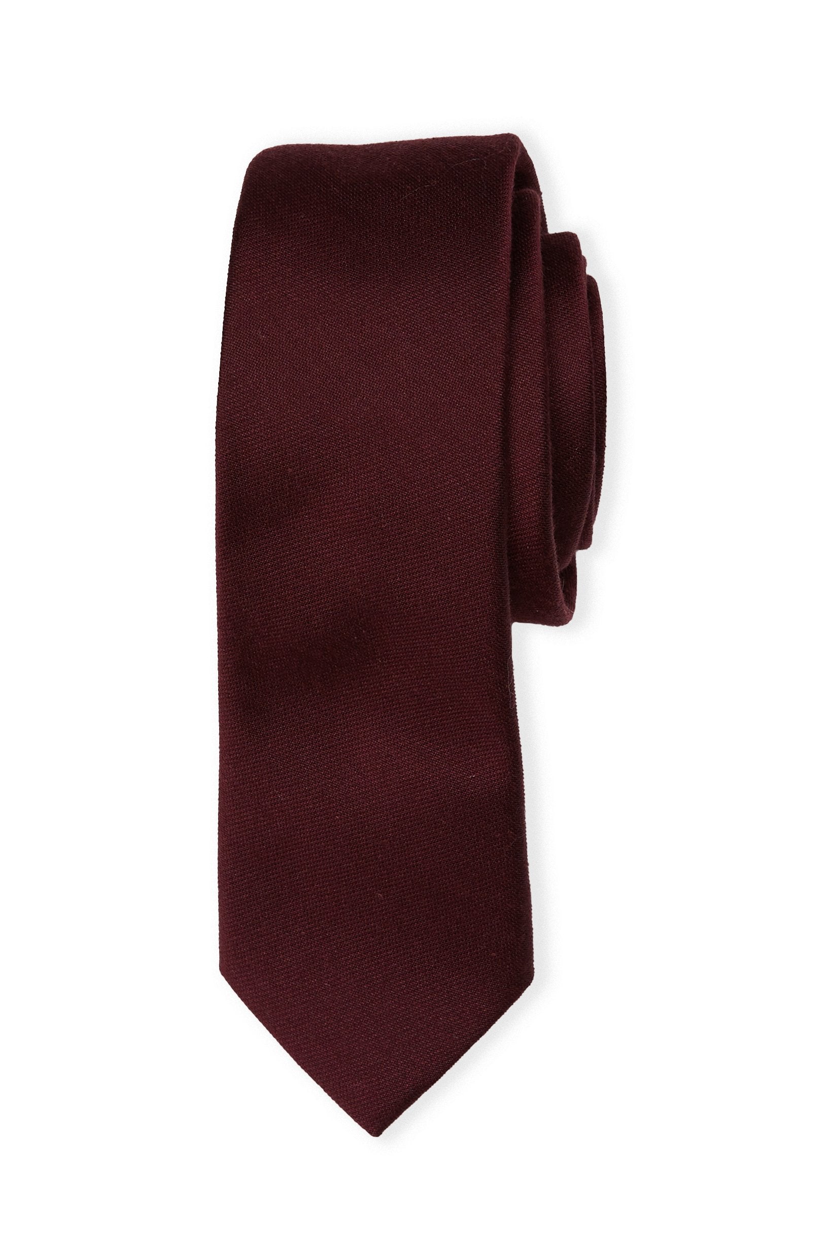 Front close up view of the Simon Necktie in cabernet rolled up with the pointed necktie end extended showing the material texture and sheen.