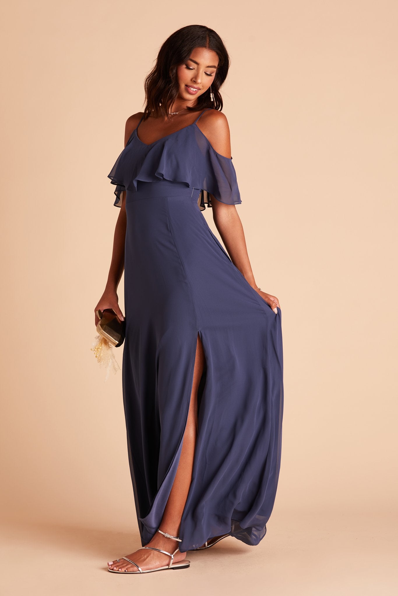 Jane convertible bridesmaid dress with slit in slate blue chiffon by Birdy Grey, side view