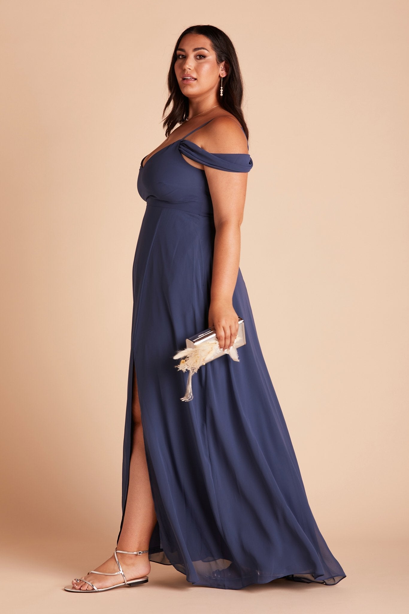 Devin convertible plus size bridesmaids dress with slit in slate blue chiffon by Birdy Grey, side view