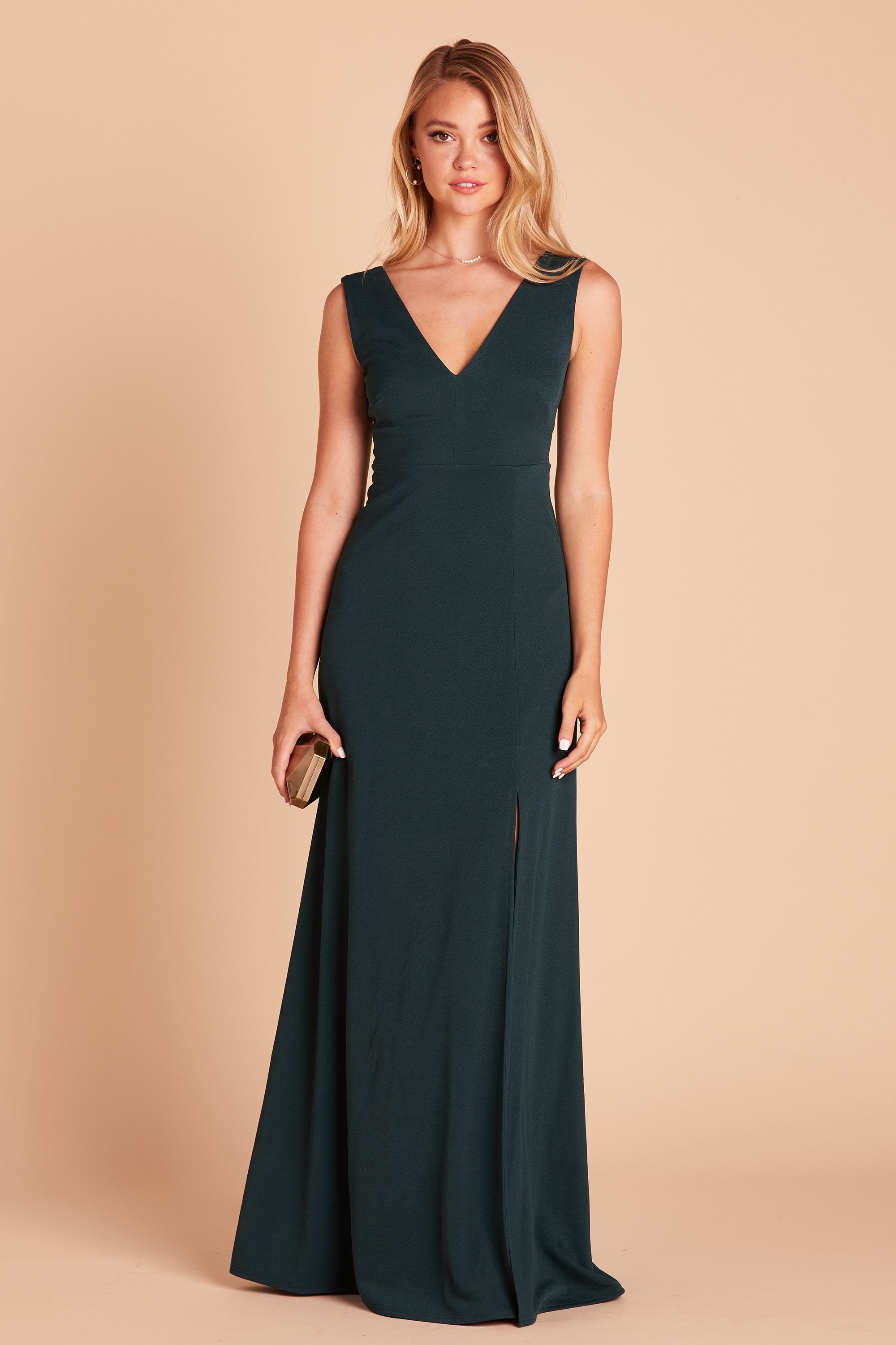 Shamin bridesmaid dress with slit in emerald green crepe by Birdy Grey, front view