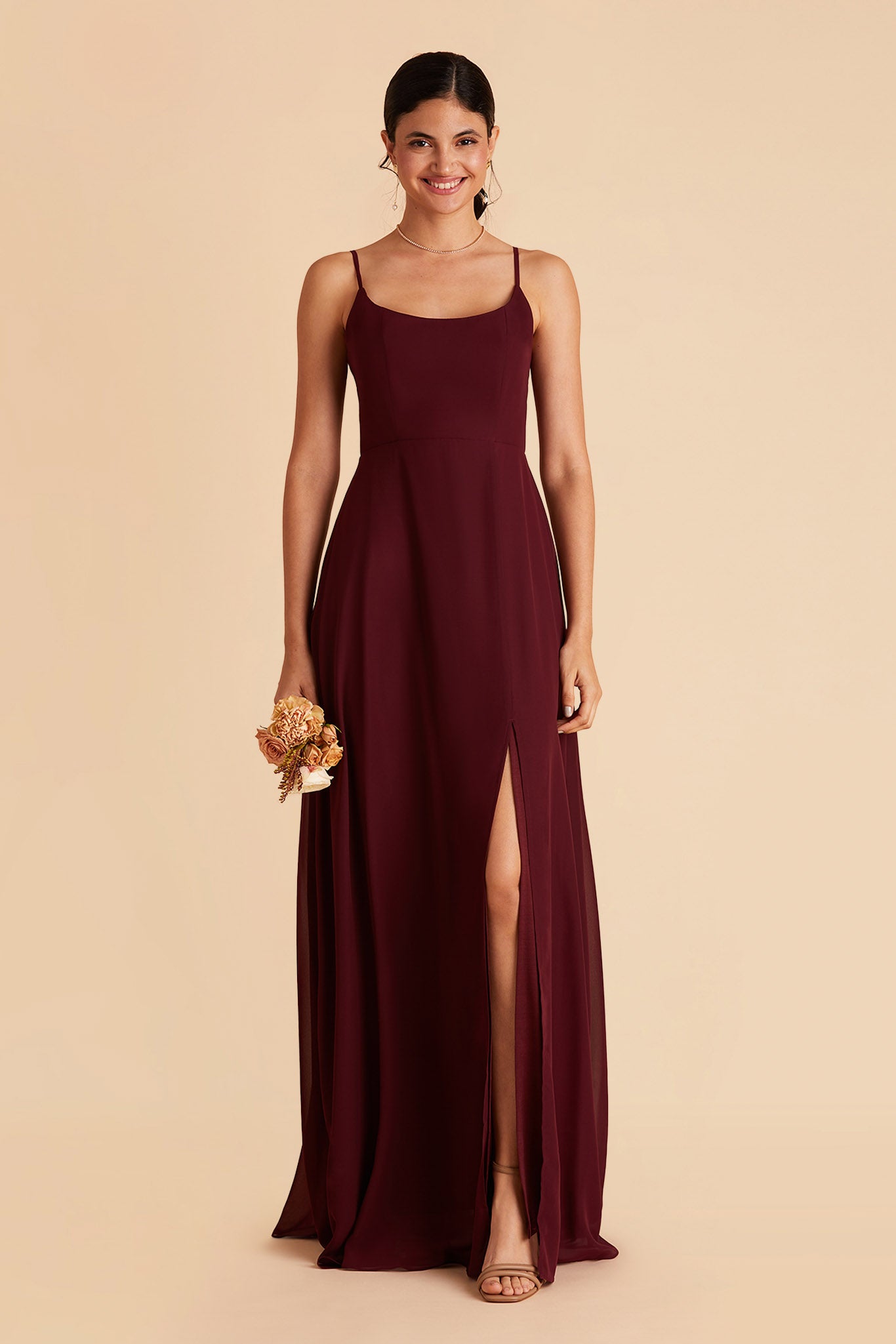 Amy bridesmaid dress with slit in cabernet chiffon by Birdy Grey, front view