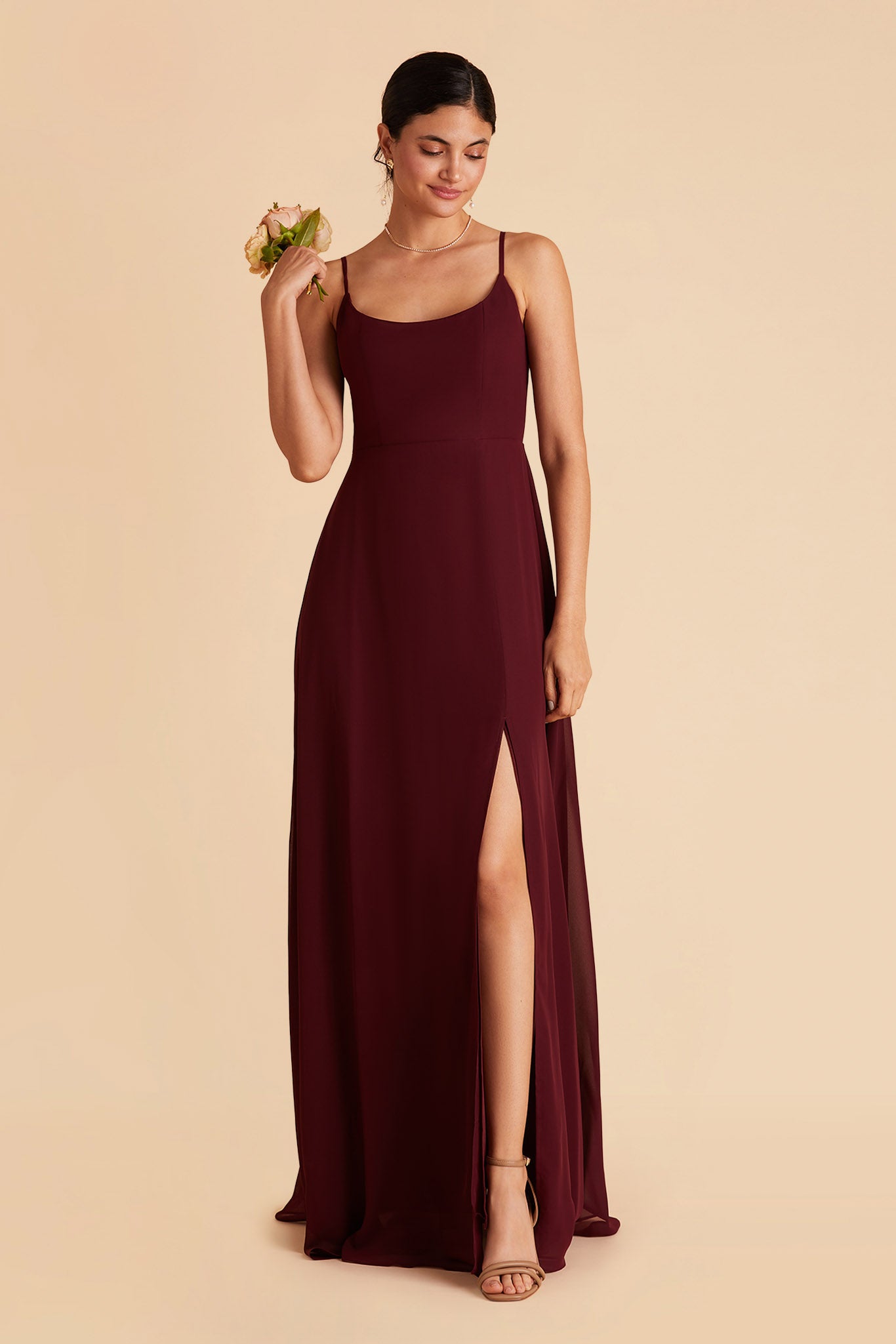 Amy bridesmaid dress with slit in cabernet chiffon by Birdy Grey, front view