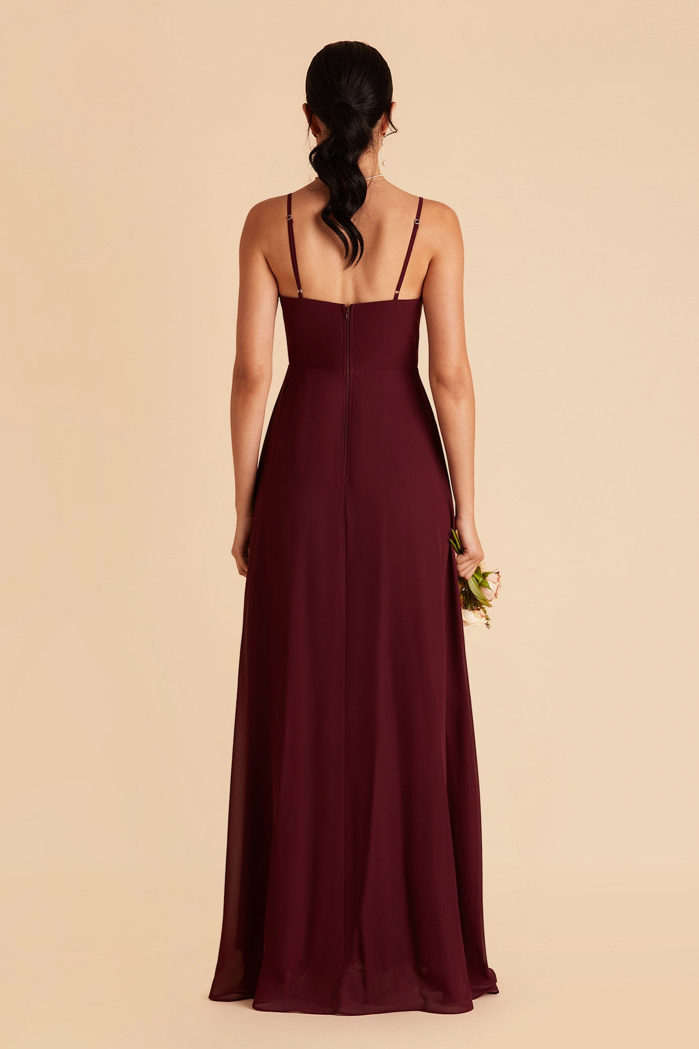 Amy bridesmaid dress with slit in cabernet chiffon by Birdy Grey, back view