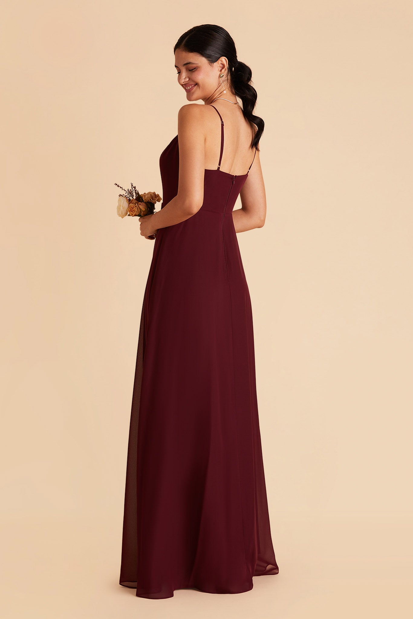 Amy bridesmaid dress with slit in cabernet chiffon by Birdy Grey, side view