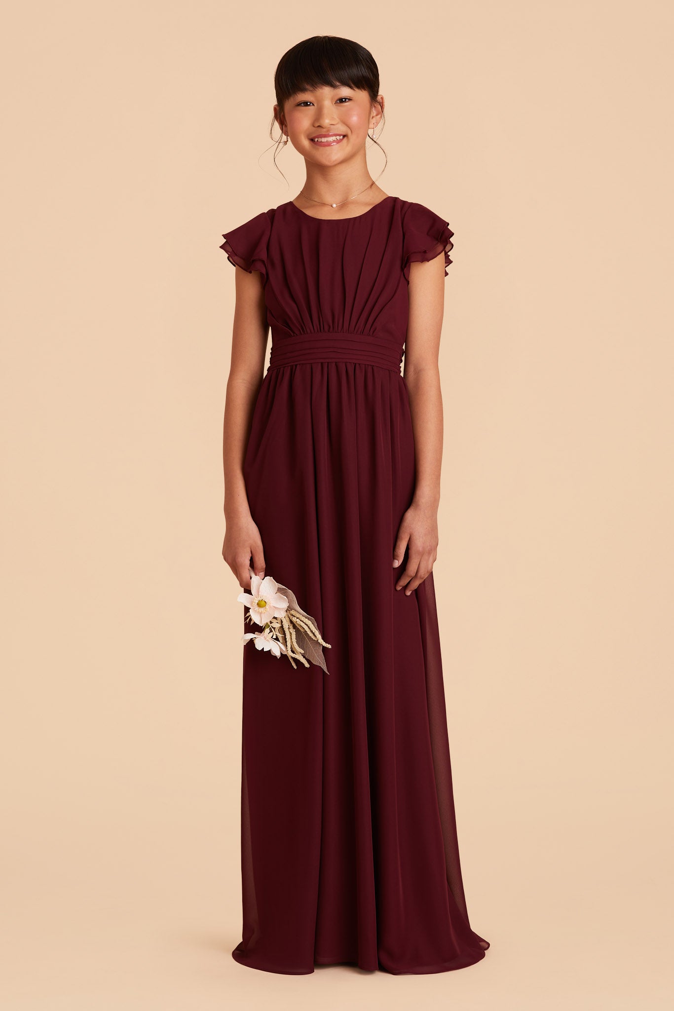 cabernet dark red frilly-sleeved floor length junior bridesmaid dress 