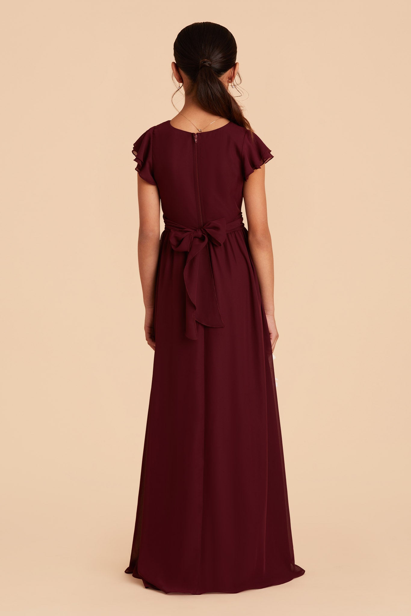 cabernet dark red frilly-sleeved floor length junior bridesmaid dress 