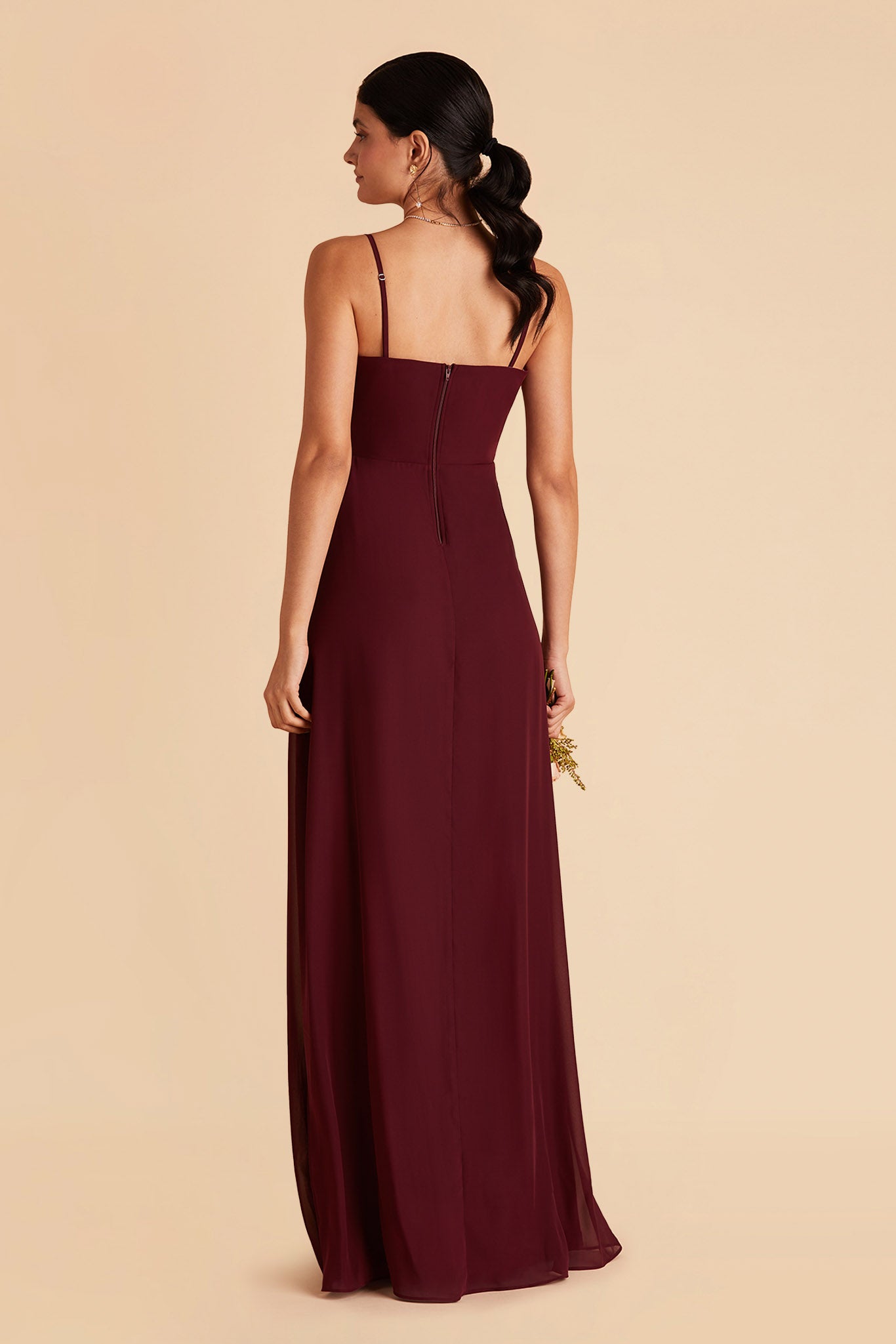 Chris bridesmaid dress with slit in cabernet chiffon by Birdy Grey, back view