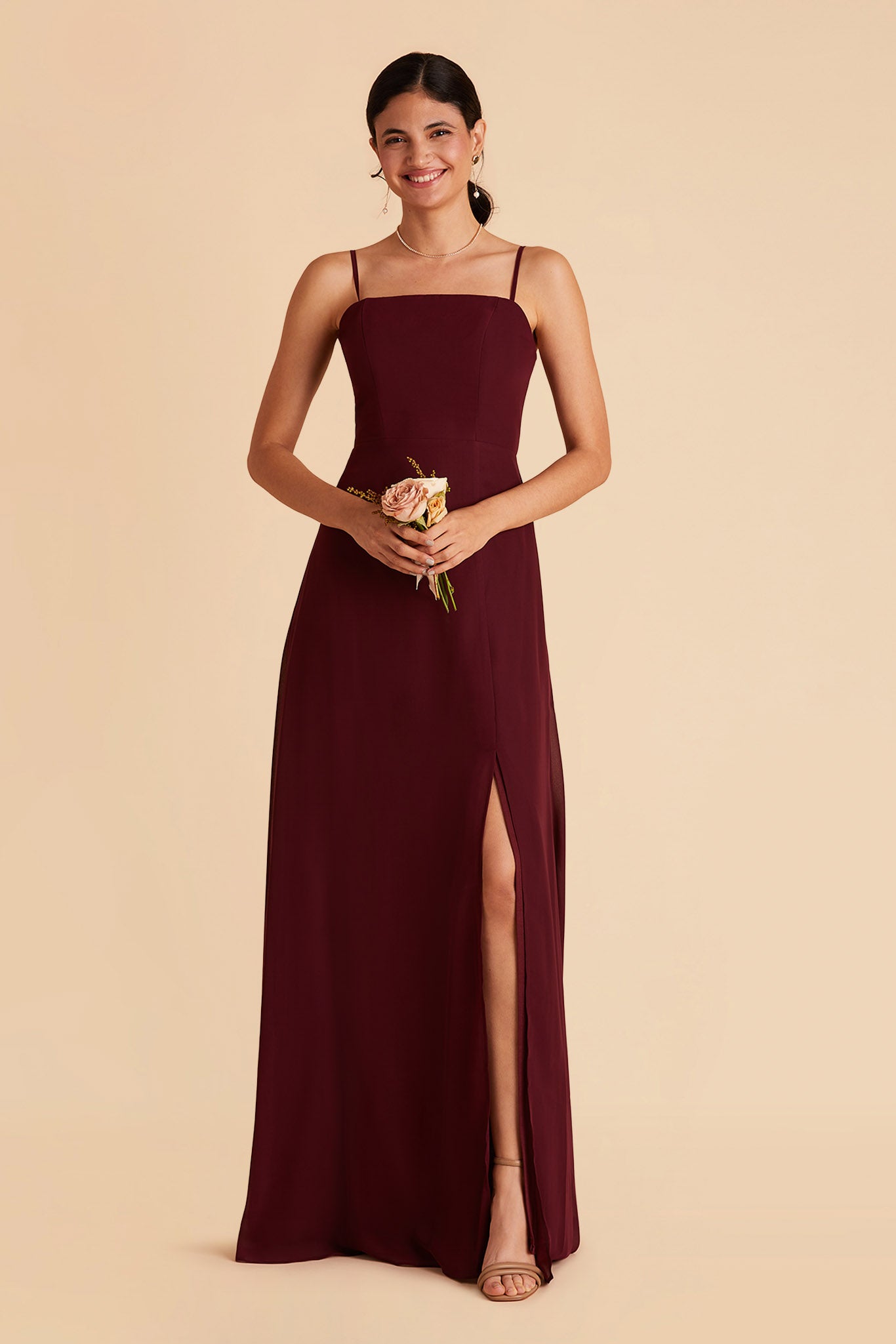 Chris bridesmaid dress with slit in cabernet chiffon by Birdy Grey, front view