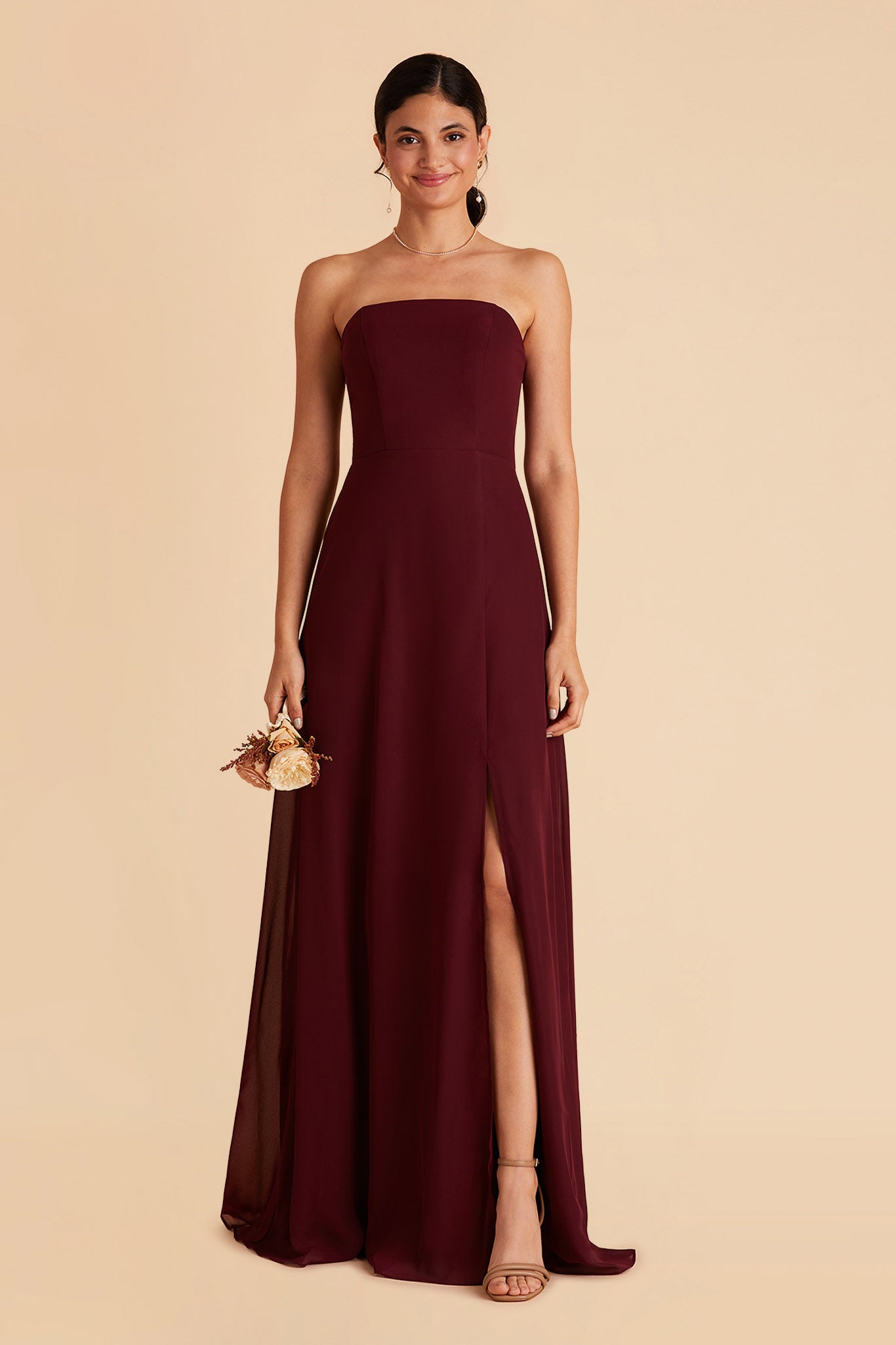 Chris bridesmaid dress with slit in cabernet chiffon by Birdy Grey, front view