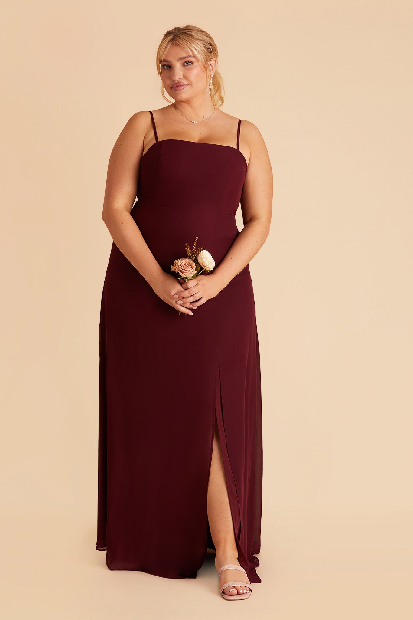 Chris plus size bridesmaid dress with slit in cabernet chiffon by Birdy Grey, front view