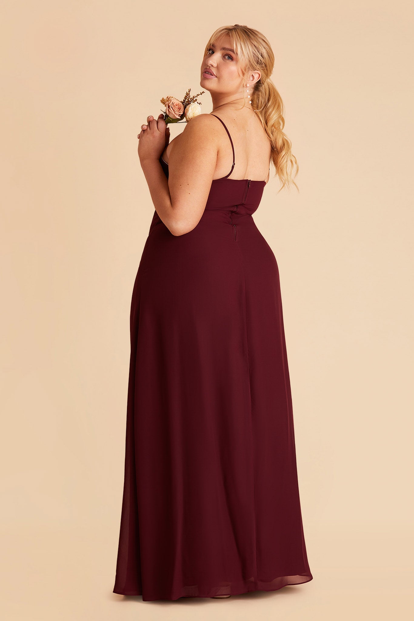Chris plus size bridesmaid dress with slit in cabernet chiffon by Birdy Grey, side view