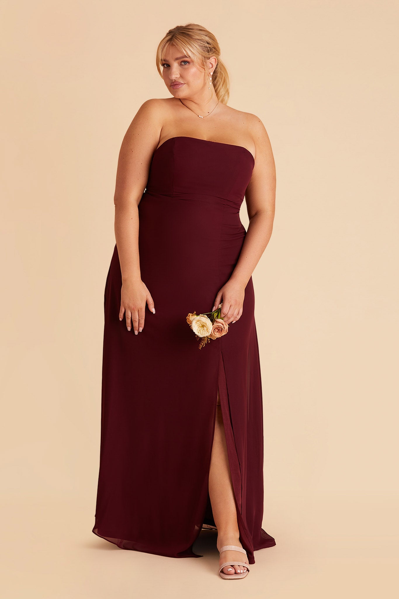 Chris plus size bridesmaid dress with slit in cabernet chiffon by Birdy Grey, front view